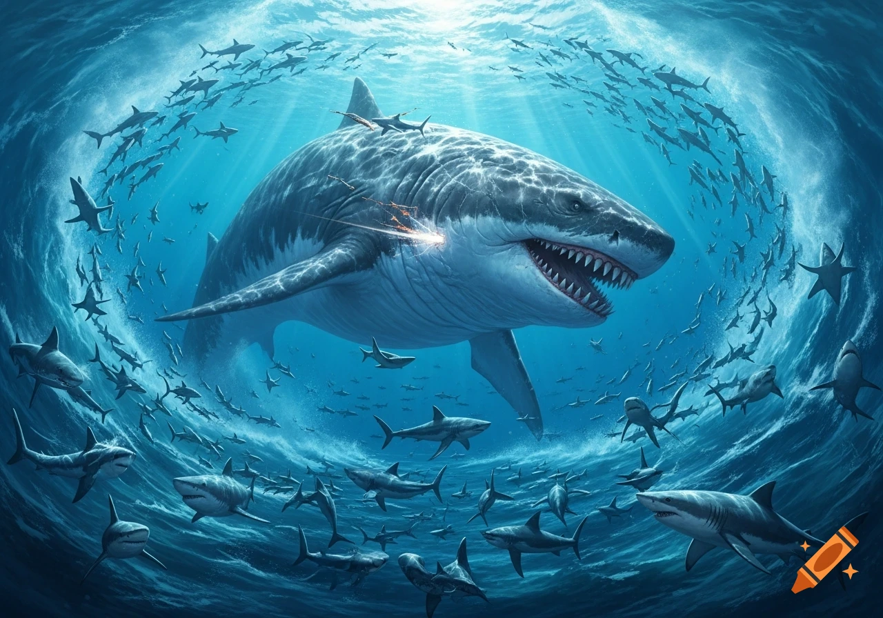 A gigantic megalodon swims through deep blue ocean waters, surrounded by a swirling school of smaller sharks, with sunlight filtering from above.