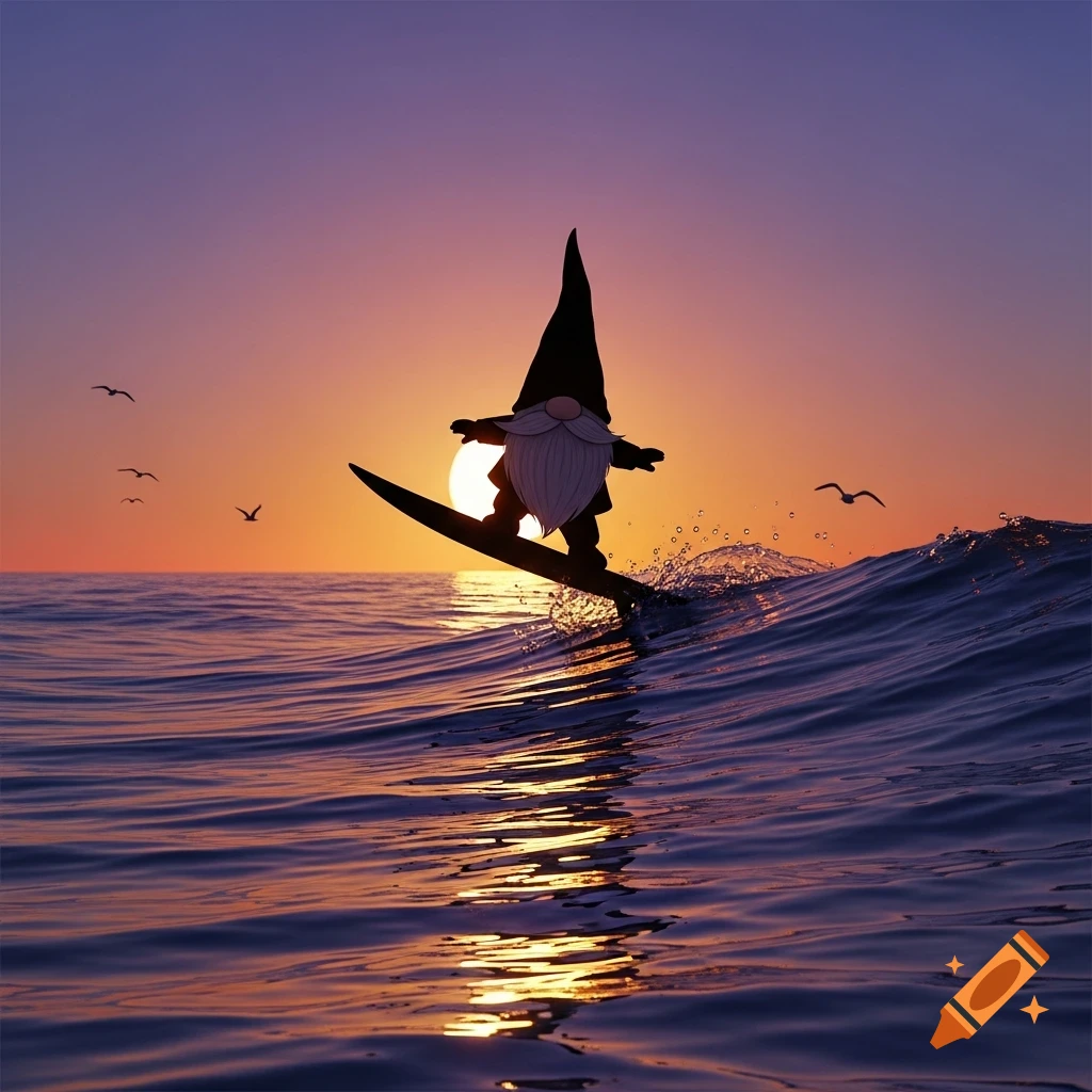 A gnome in silhouette surfs a wave across the ocean during a vibrant sunset, with birds flying in the sky.