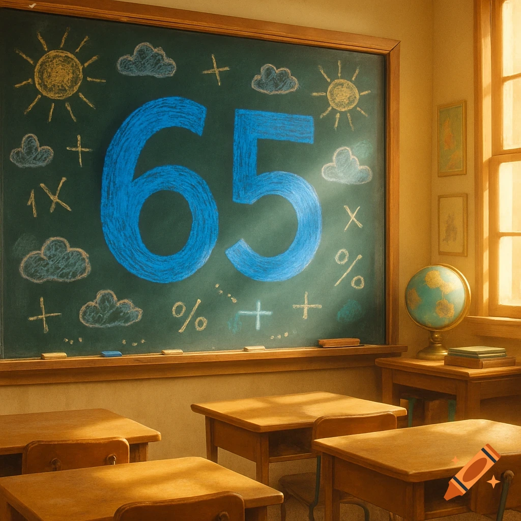 65x45 Math A classroom chalkboard with the large blue number 65, surrounded by ...