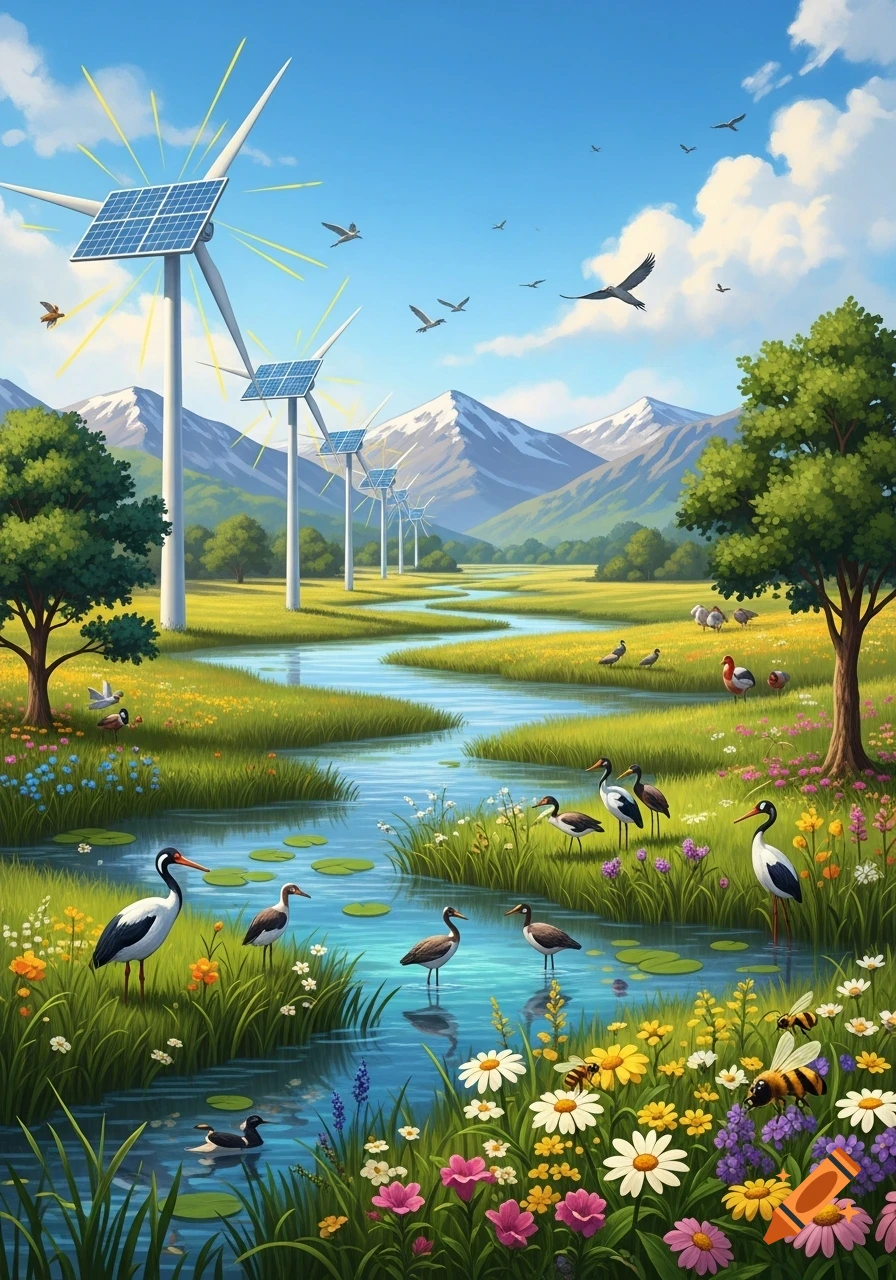 Vibrant stylized landscape with a winding river, flowery meadows, mountains, wind turbines with solar panels, birds, and bees.