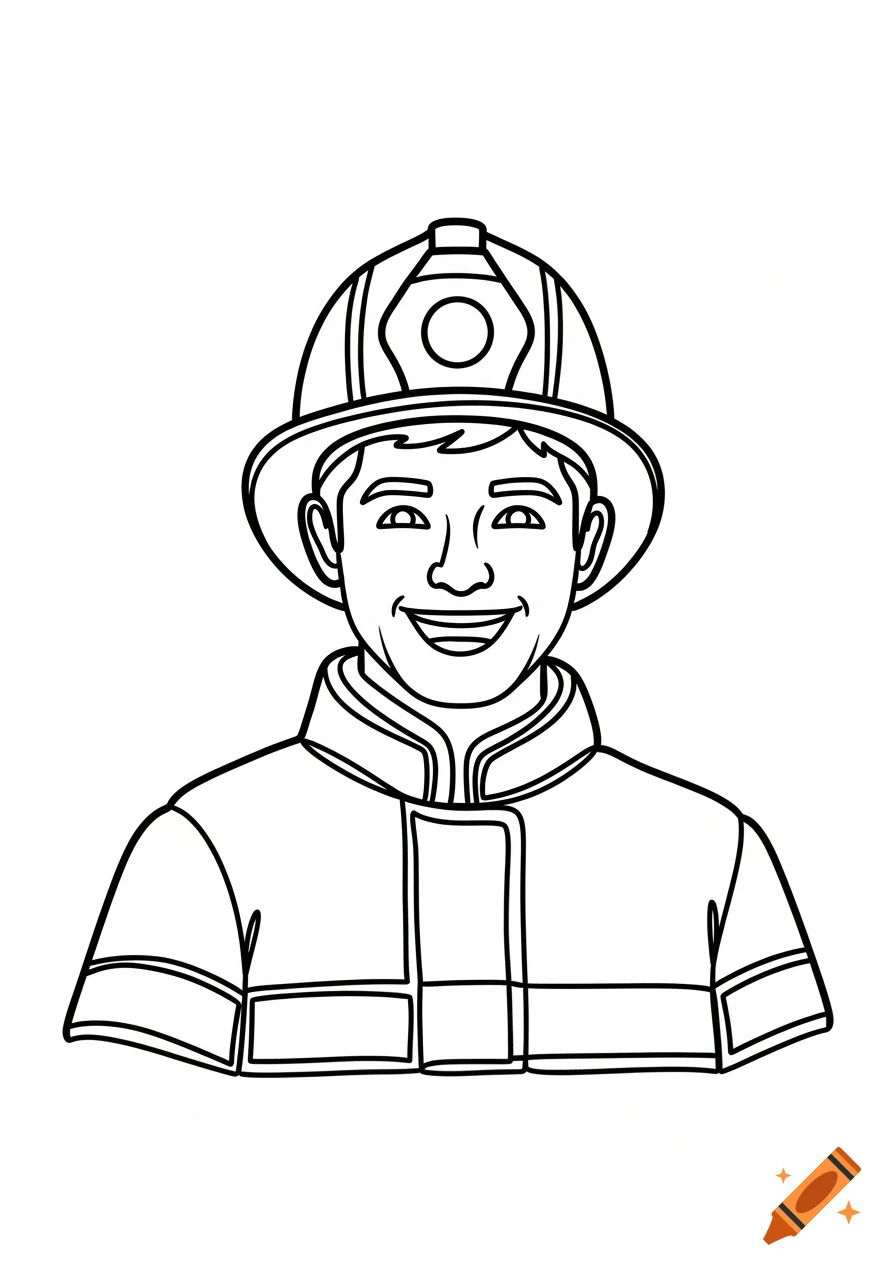 Black and white line art of a smiling firefighter wearing a helmet and jacket, suitable for a coloring book.