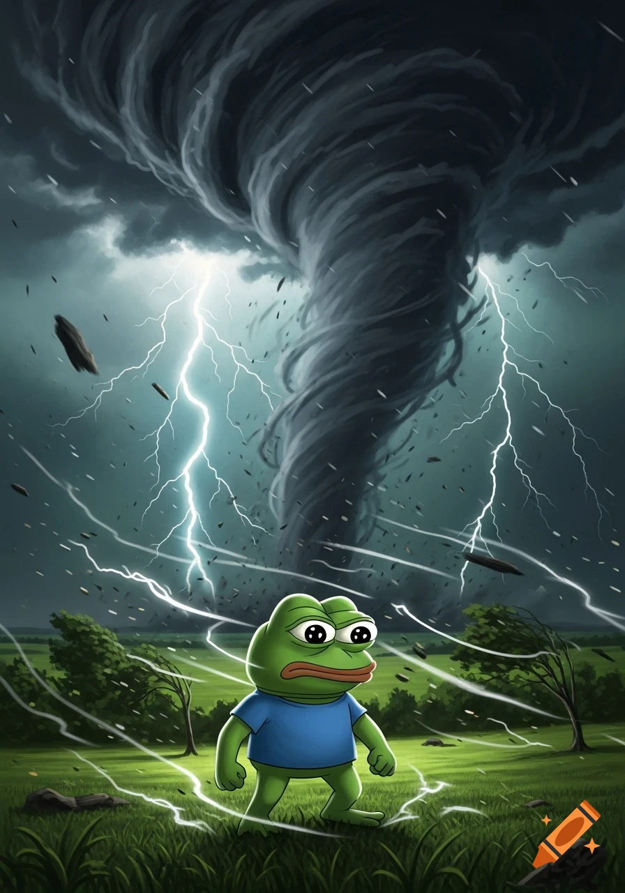 Pepe the frog, wearing a blue shirt, stands in a grassy field looking sad as a massive tornado and lightning storm rages behind him.