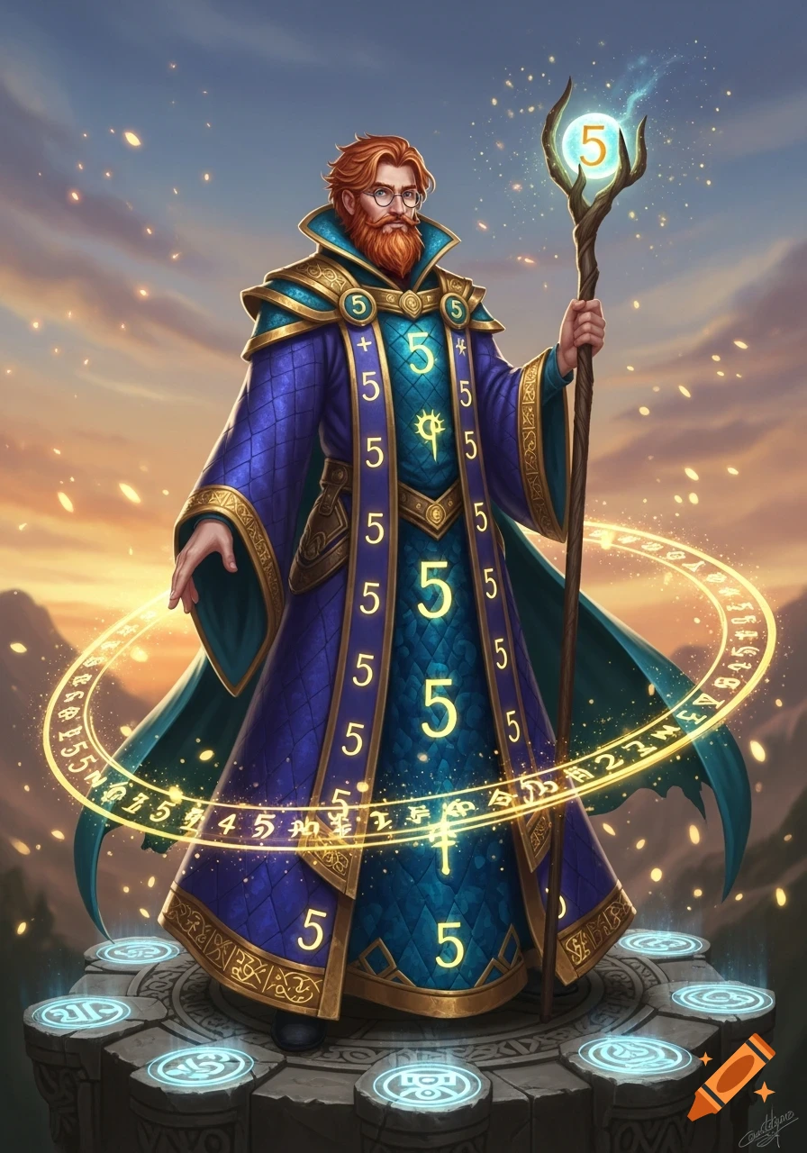 A red-bearded wizard in a blue and gold robe, adorned with glowing number fives, holds a staff topped with a glowing five, standing on a magical platform with a swirling circle of numbers and light around him.