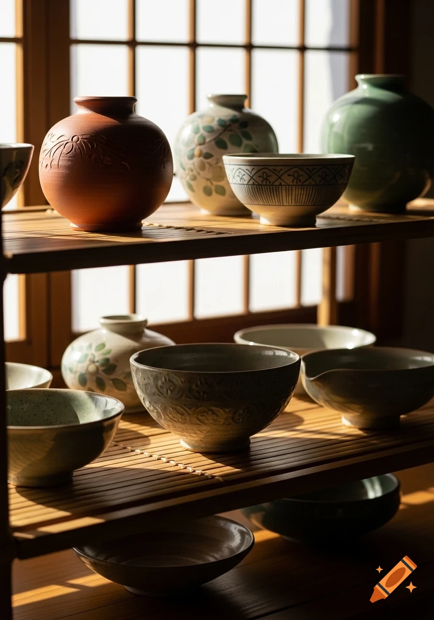 Japanese clay pottery, including vases and bowls, displayed on bamboo shelves in front of a sunlit window.