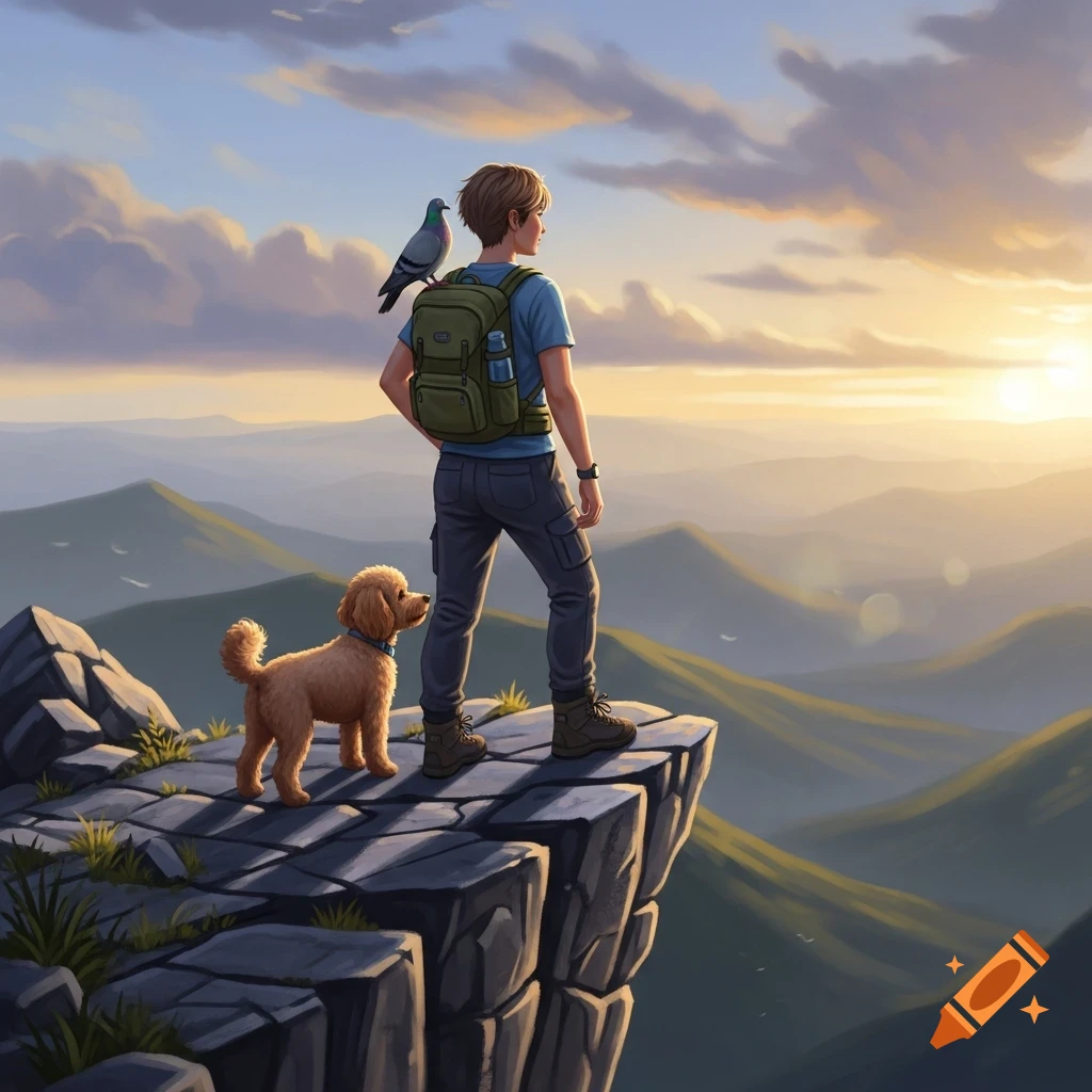 A person with a dog and a pigeon on their shoulder stands on a cliff overlooking a mountain range at sunrise, illustration.