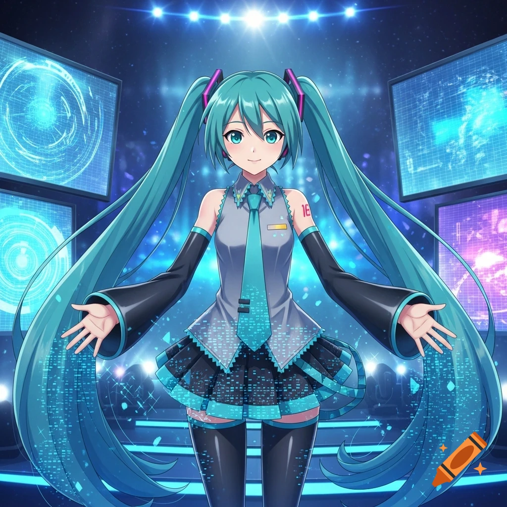 Anime-style Hatsune Miku on a stage with glowing screens and digital data effects.
