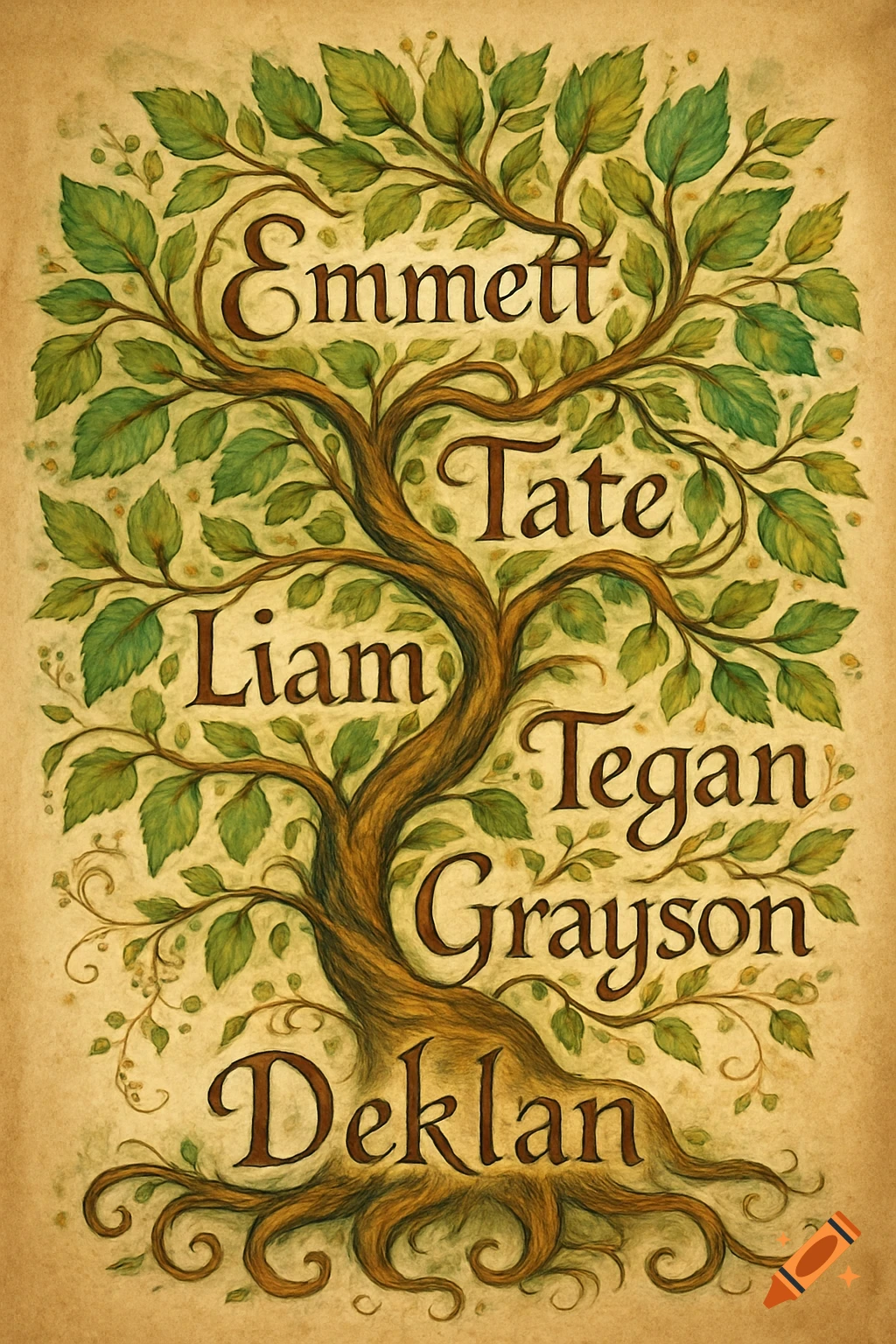 An illustrated family tree with green leaves and brown branches, featuring names Emmett, Tate, Liam, Tegan, Grayson, and Deklan on a textured background.