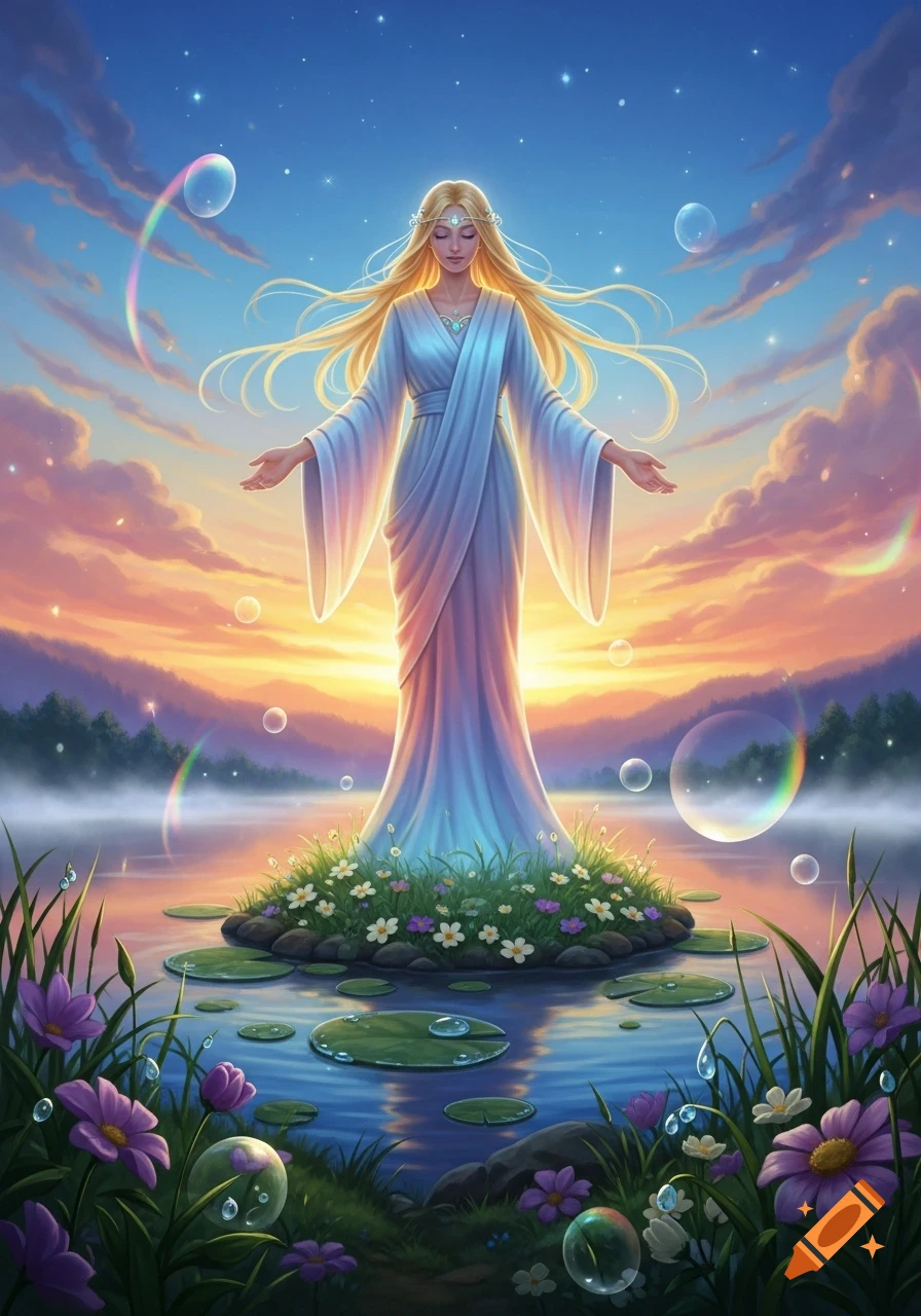 A radiant blonde goddess in a white gown stands on a floral island in a lake, with outstretched arms, against a vibrant sunrise sky filled with bubbles and rainbows.