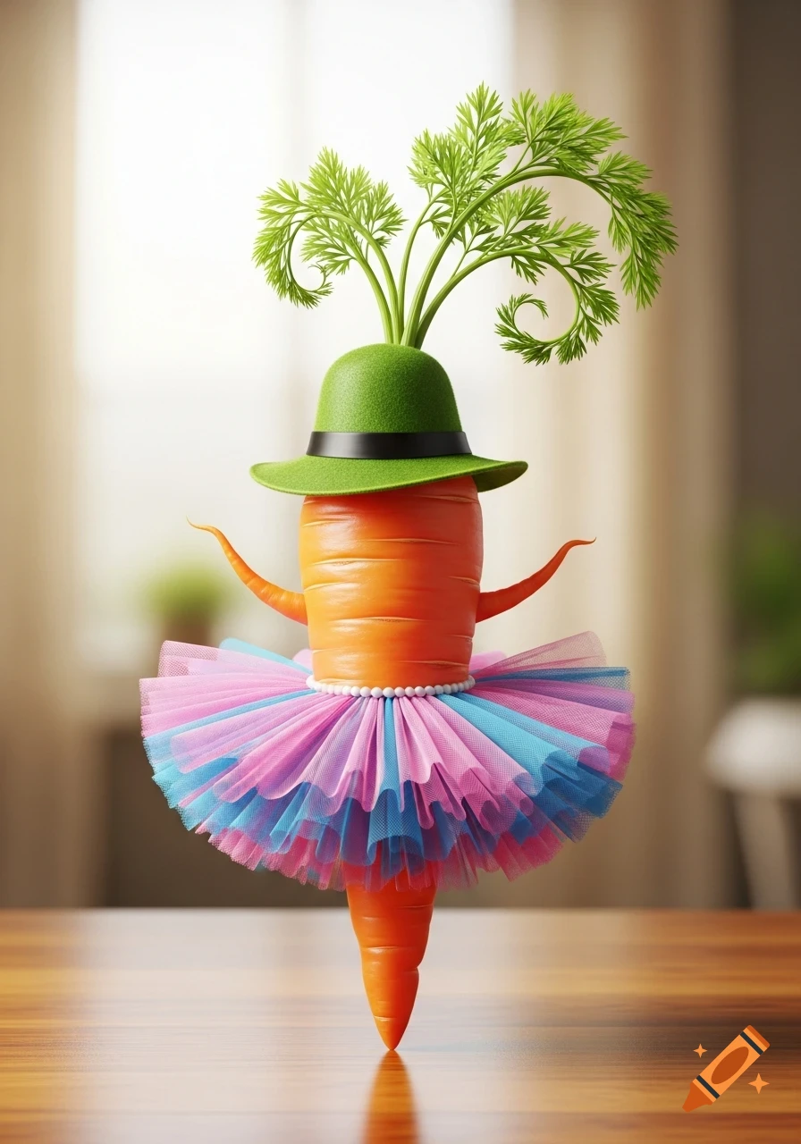 A photorealistic carrot dressed in a pink and blue tutu and a green hat, standing on a wooden surface.