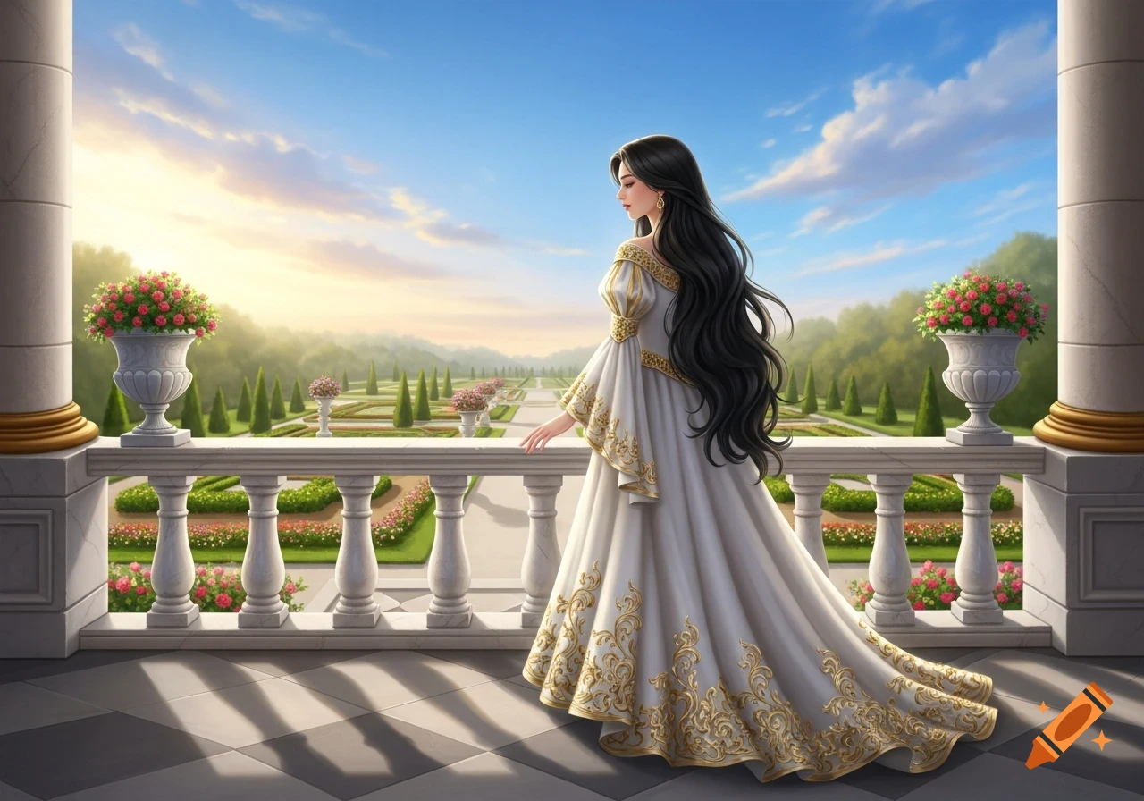 A princess with long dark hair in a white and gold gown stands on a balcony, gazing over a vast formal garden at sunset.