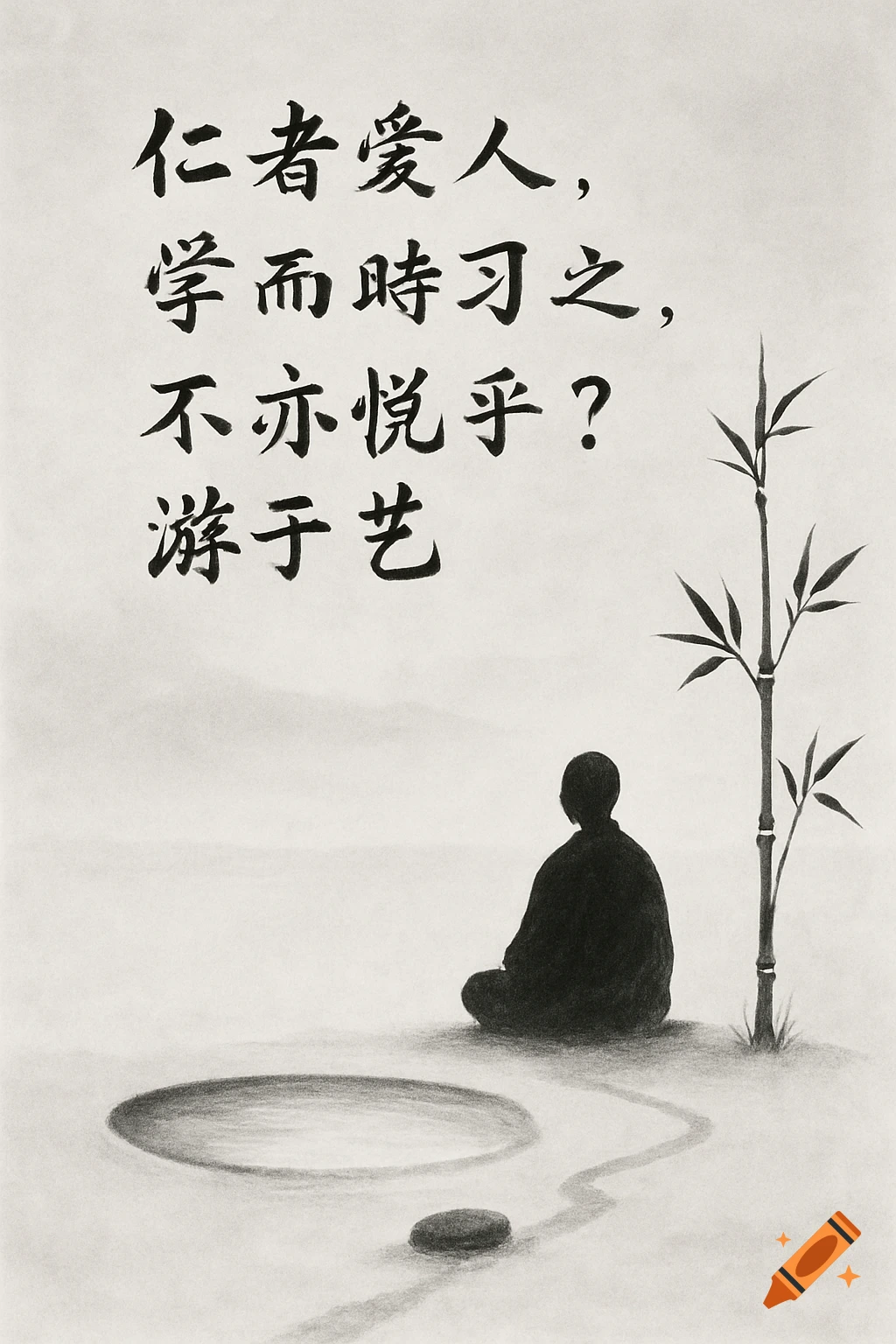 A black and white ink wash illustration featuring a silhouetted meditating figure, a bamboo stalk, and a still pool. Chinese calligraphy is prominently displayed on the left.