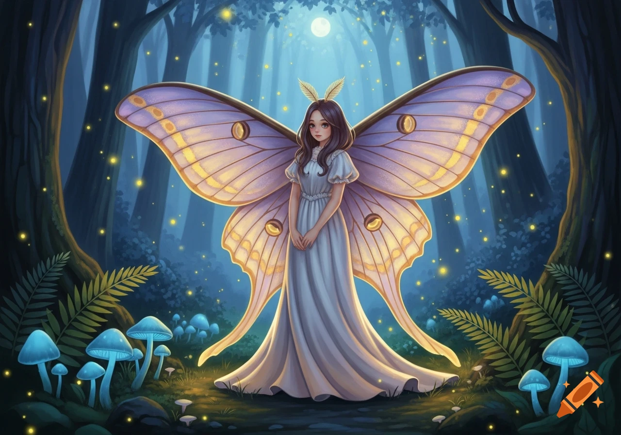 A beautiful moth-woman with large glowing wings and feathery antennae stands in a moonlit magical forest with glowing mushrooms.