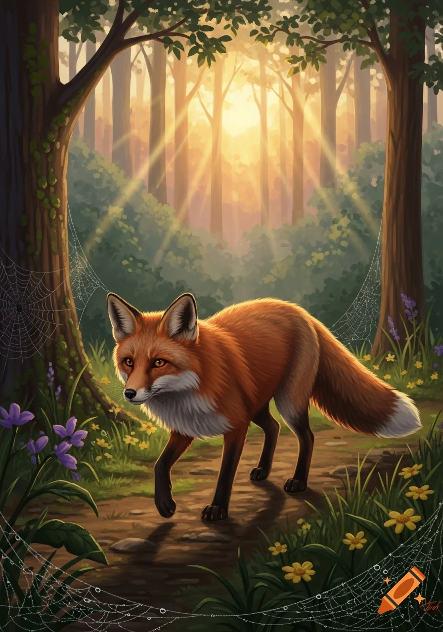 An illustrated red fox walks on a forest path, bathed in golden ...