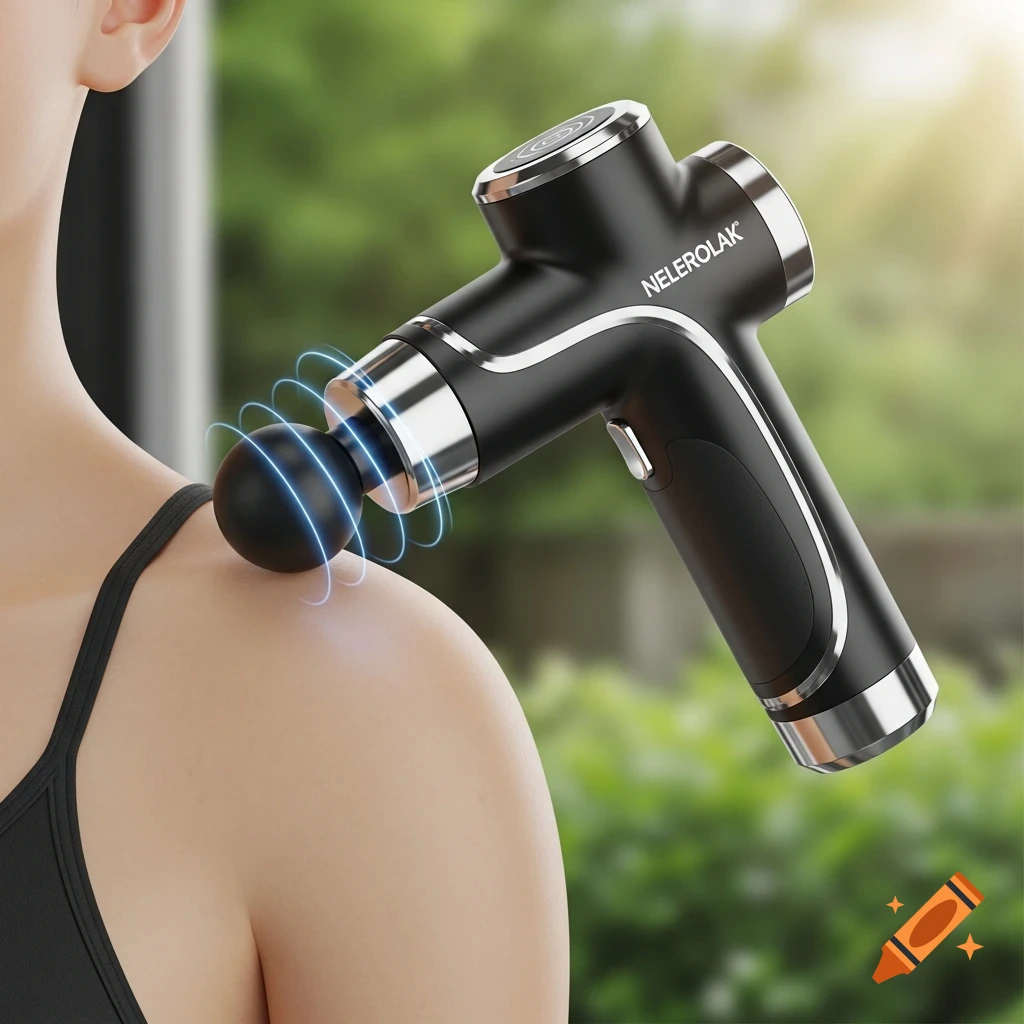 Close-up of a black and silver massage gun with blue vibration rings on a person's shoulder, photorealistic.