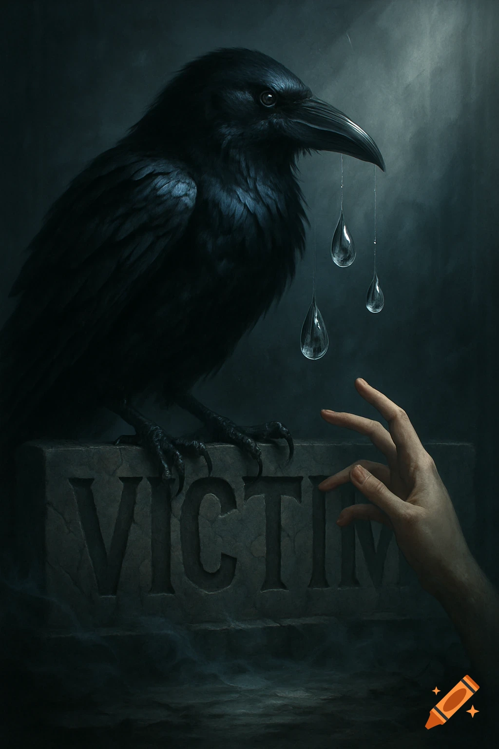 A somber dark art image of a black raven on a stone carved 'VICTIM' with tears, a hand reaching out.