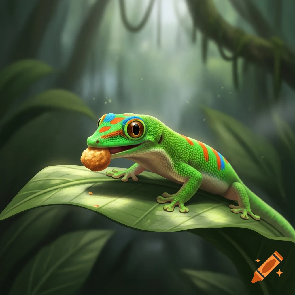 Vibrant green gecko with red and blue markings on its head eats a round nugget while perched on a large green leaf in a lush jungle.