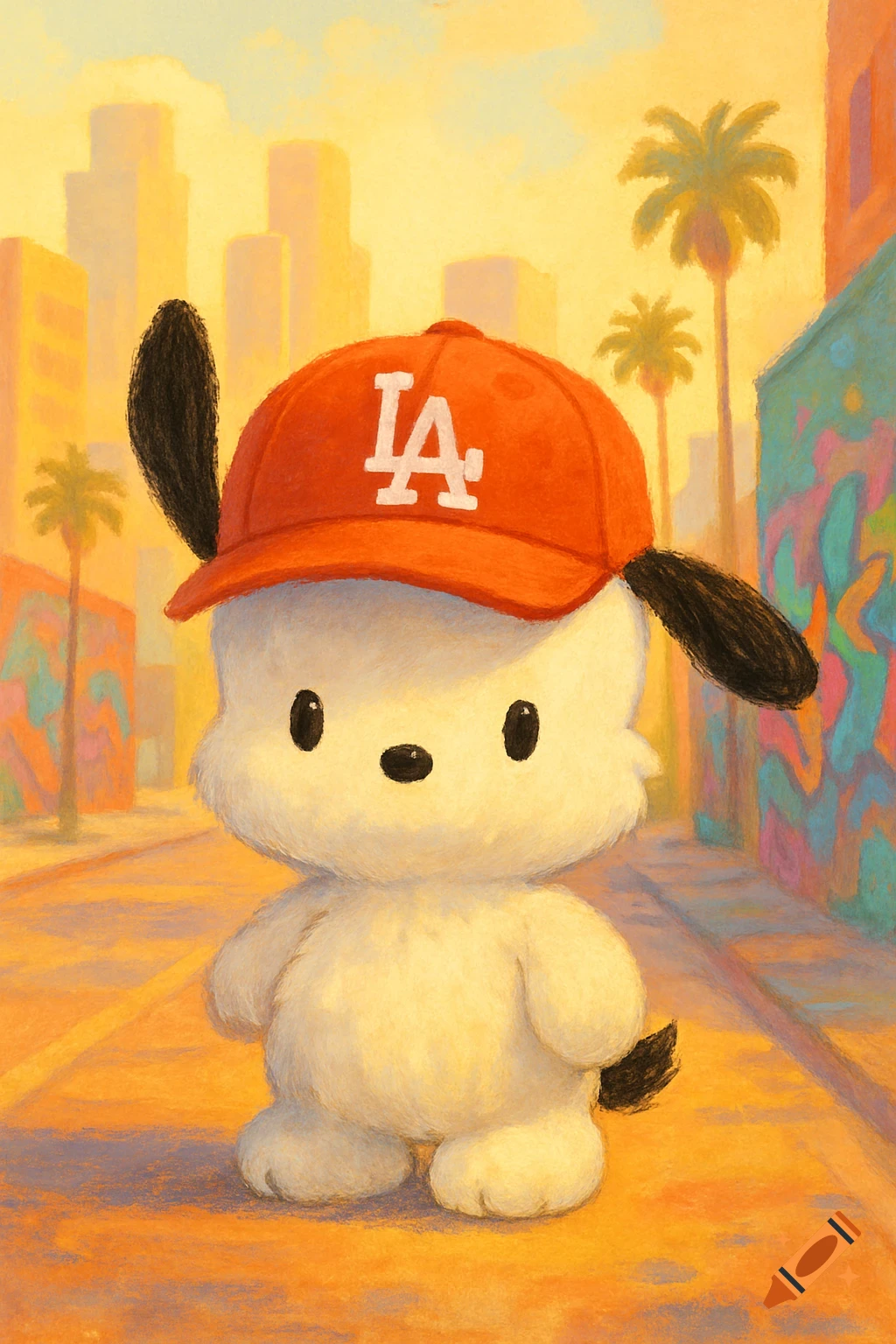 A cute Pochacco character wearing a red LA baseball cap stands on an urban street with palm trees and buildings, in a painterly style.
