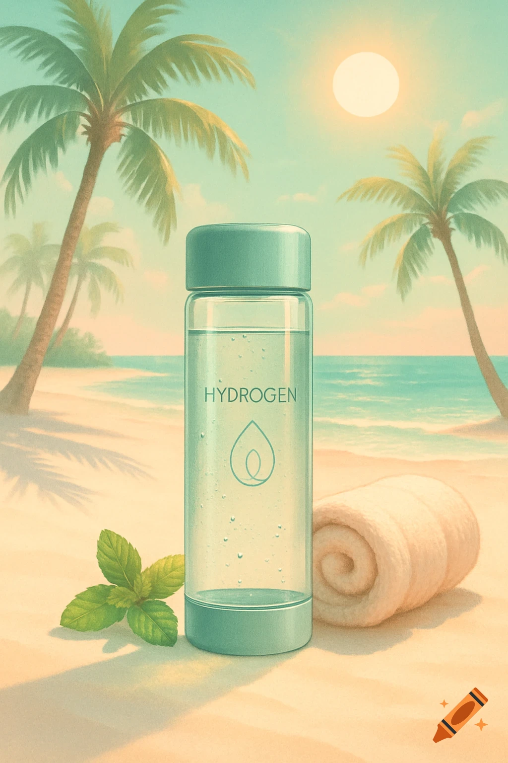 A hydrogen water bottle with a teal cap on a sandy beach with palm trees, ocean, rolled towel, and mint leaves.