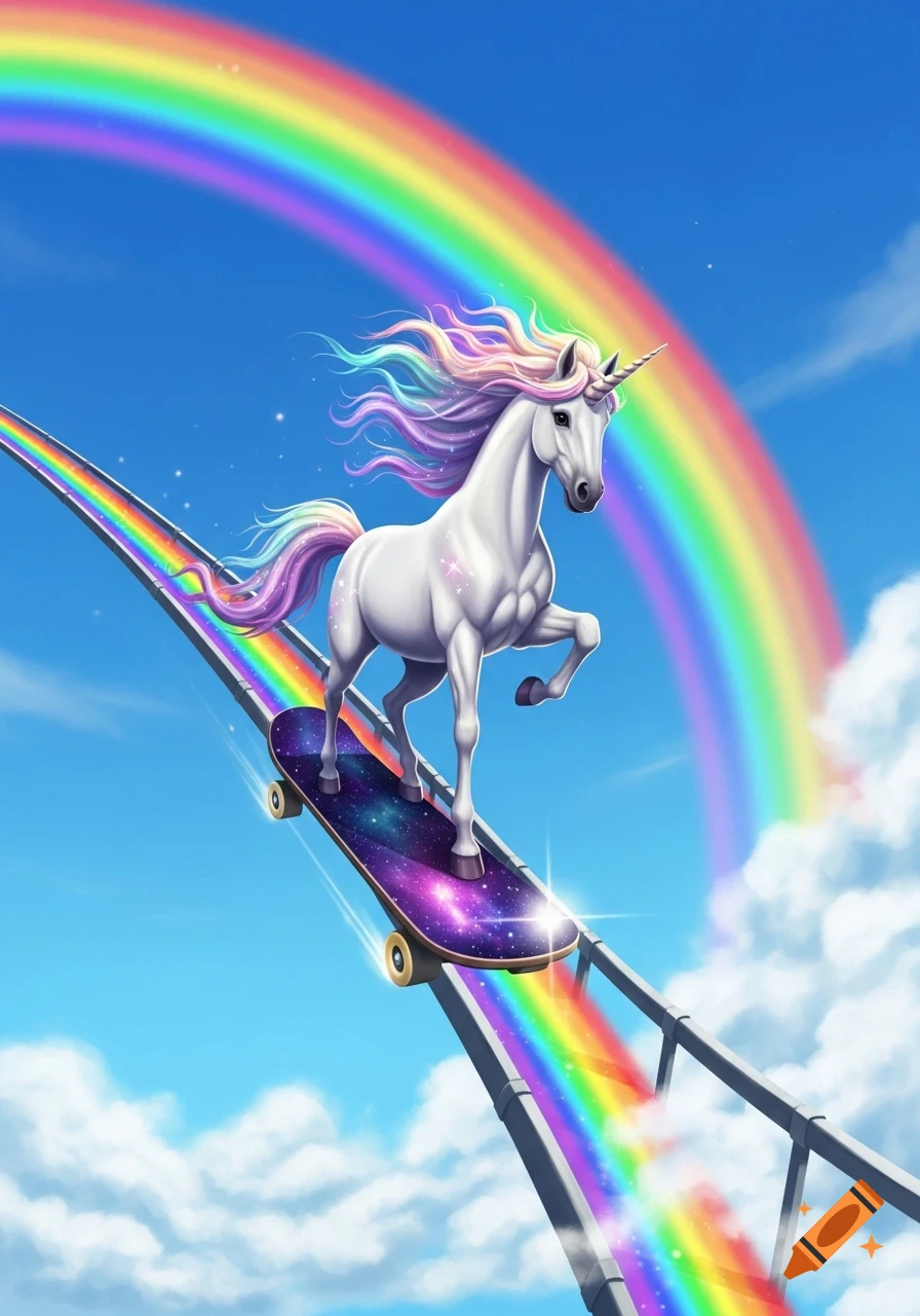 A majestic white unicorn with a flowing rainbow mane and tail skateboards down a vibrant rainbow ramp under a bright blue sky.