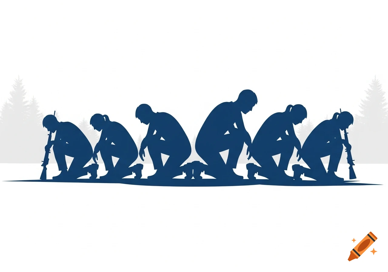 Blue silhouettes of six crouching patriots, two holding rifles, against a white background with faint trees.