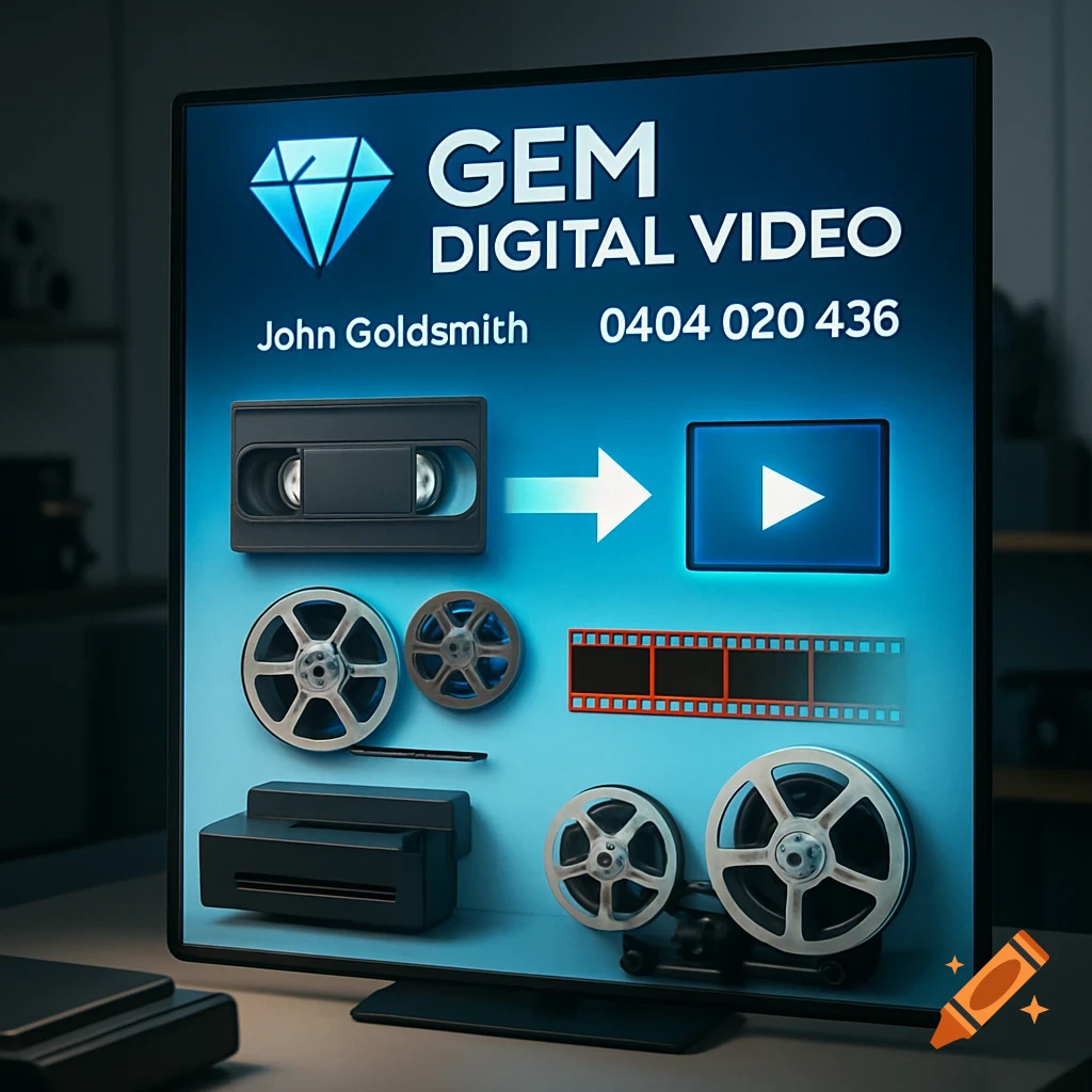 Digital screen advertising 'Gem Digital Video' with text 'John Goldsmith 0404 020 436', showing VHS tapes and film reels converting to digital format.