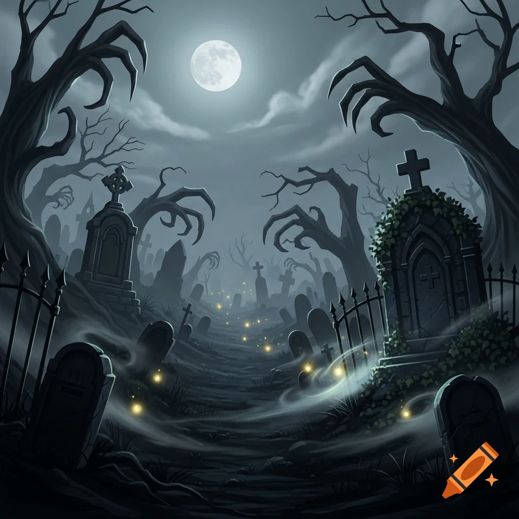 A spooky graveyard scene at night under a full moon, with twisted, skeletal trees, numerous gravestones, and glowing ethereal wisps.
