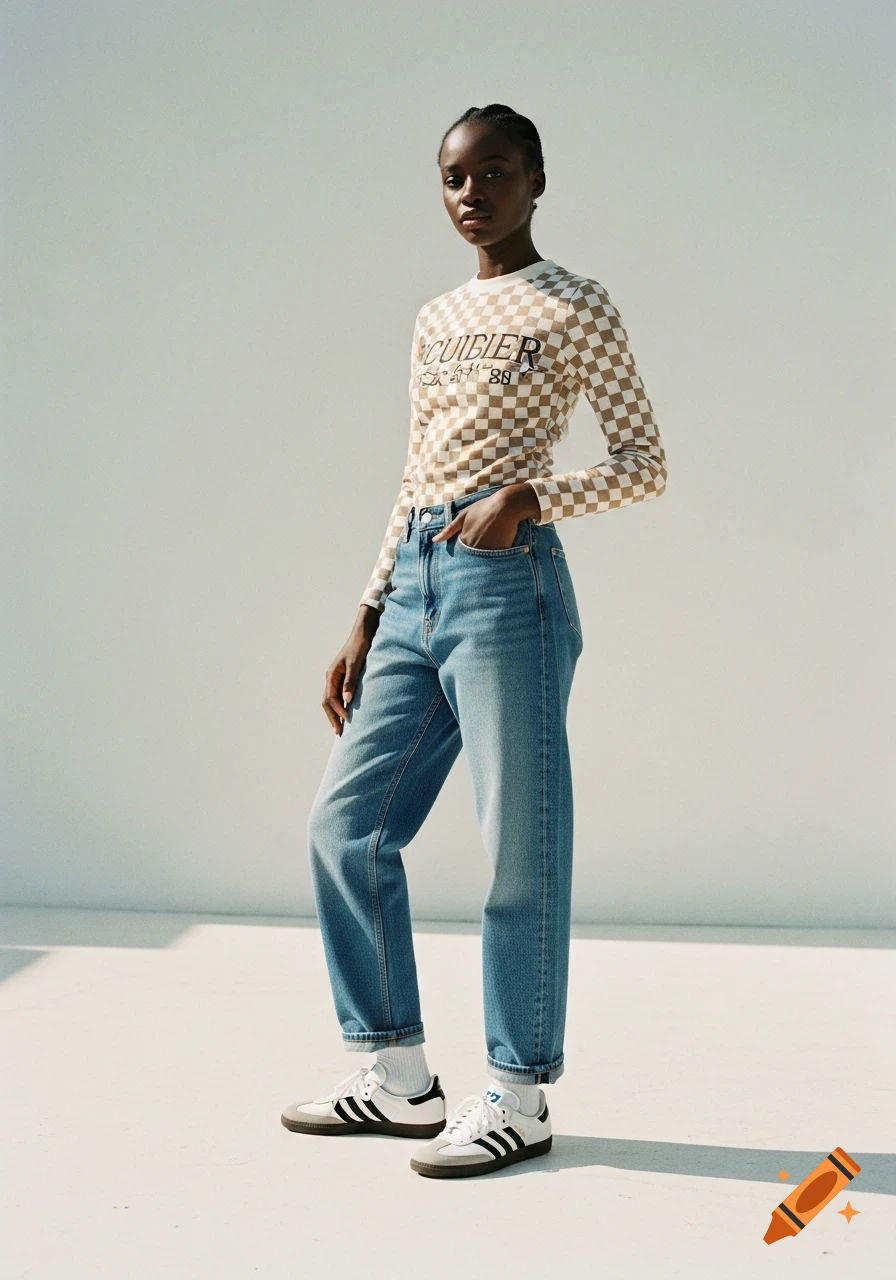 A stylish Black woman in relaxed jeans, a checkered top, and Adidas Samba sneakers poses for a modern streetwear editorial photo.