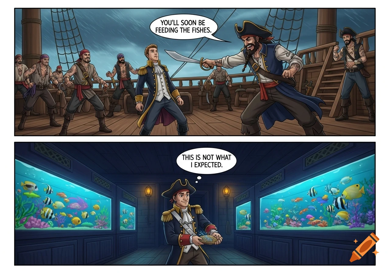 A two-panel comic. In the first panel, a pirate threatens a naval officer with a sword on a ship deck, saying, "You'll soon be feeding the fishes." In the second panel, the officer is in a room with large aquariums, sprinkling fish flakes, thinking, "This is not what I expected."