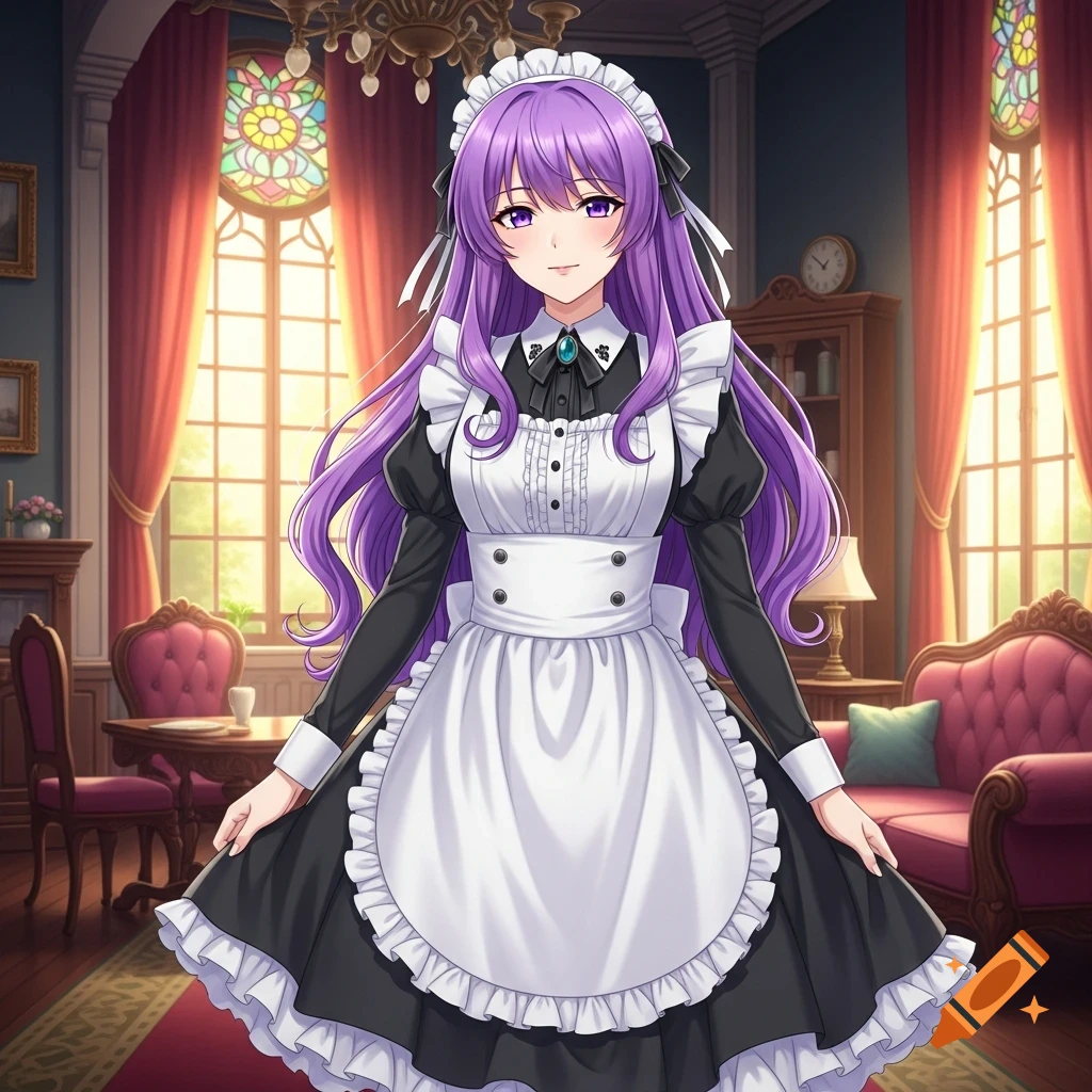 An anime woman with long purple hair wears a traditional black and white maid uniform, standing in an ornate room with large windows.