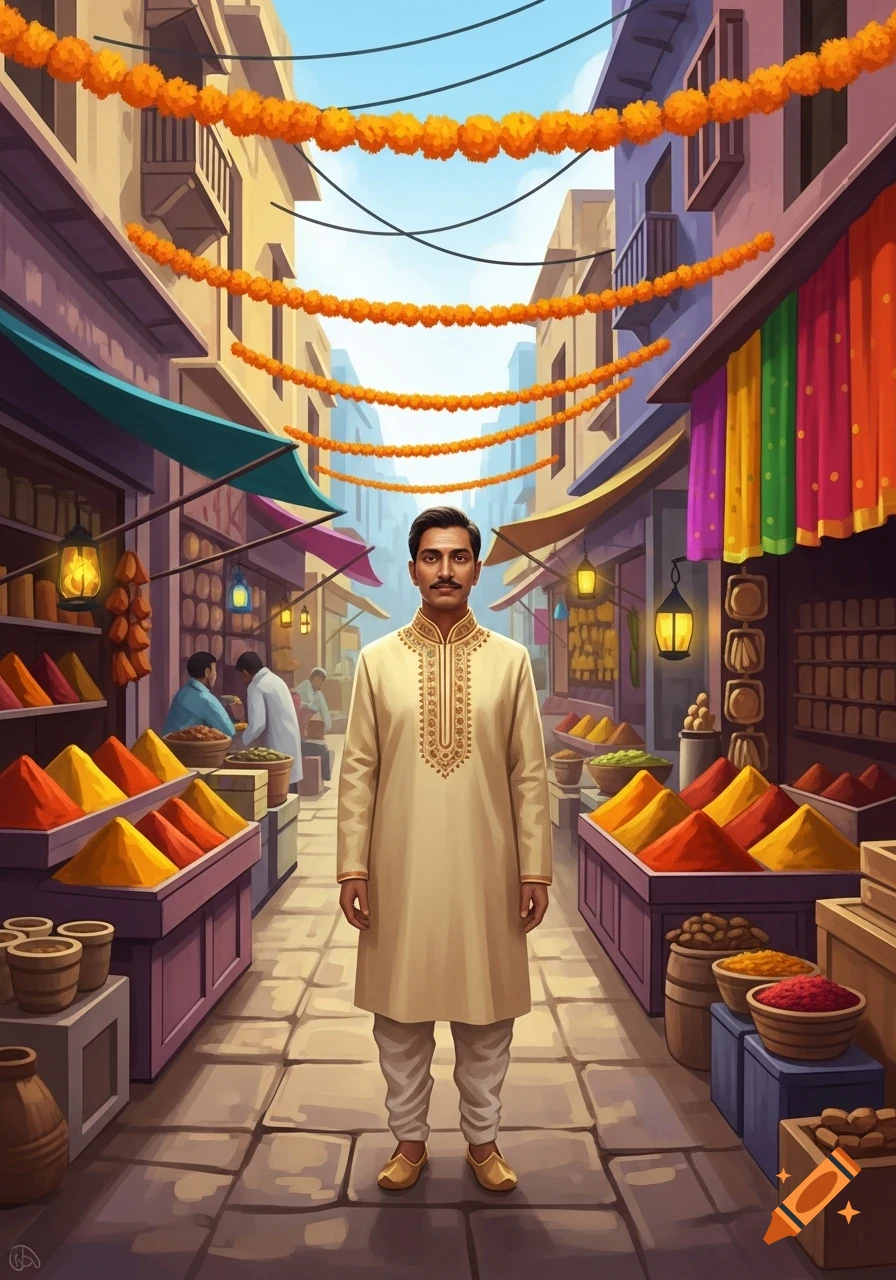 Illustration of an Indian man in a cream kurta standing in a colorful market decorated with marigold garlands.