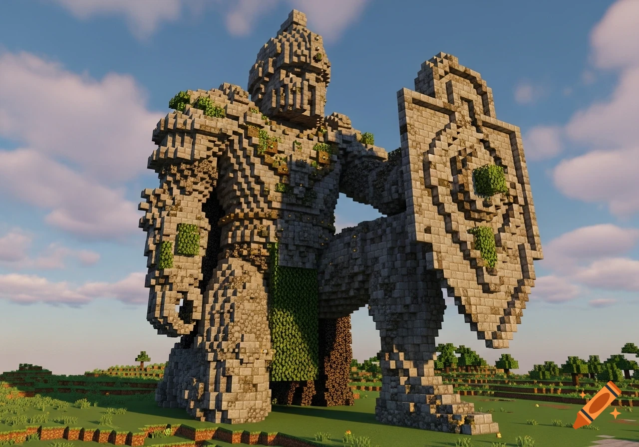A large, weathered stone warrior statue with a shield, built in the blocky style of Minecraft, stands on a grassy field.