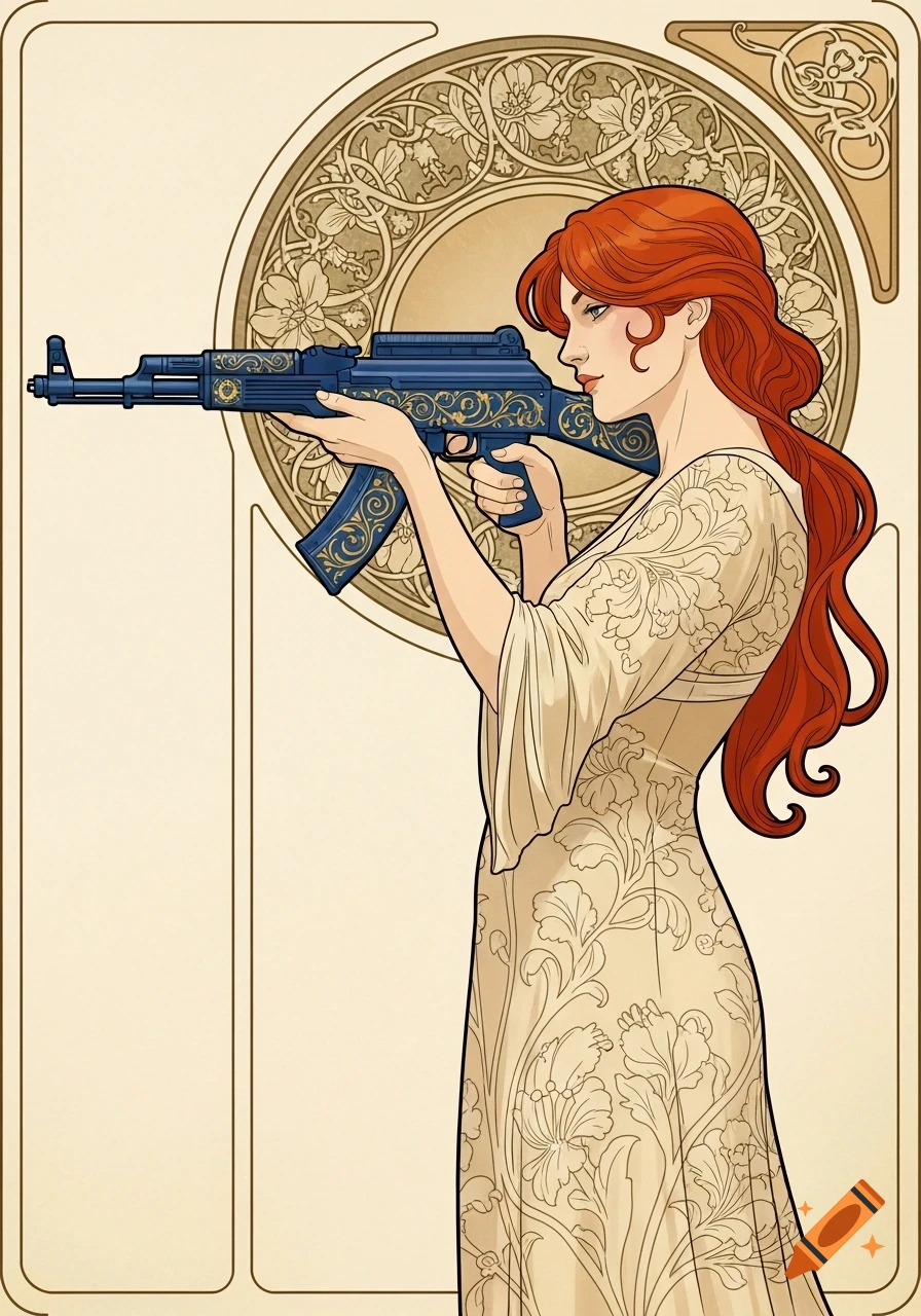 A full-body Art Nouveau illustration of a red-haired woman aiming a blue and gold patterned AK-47, wearing a floral beige dress.