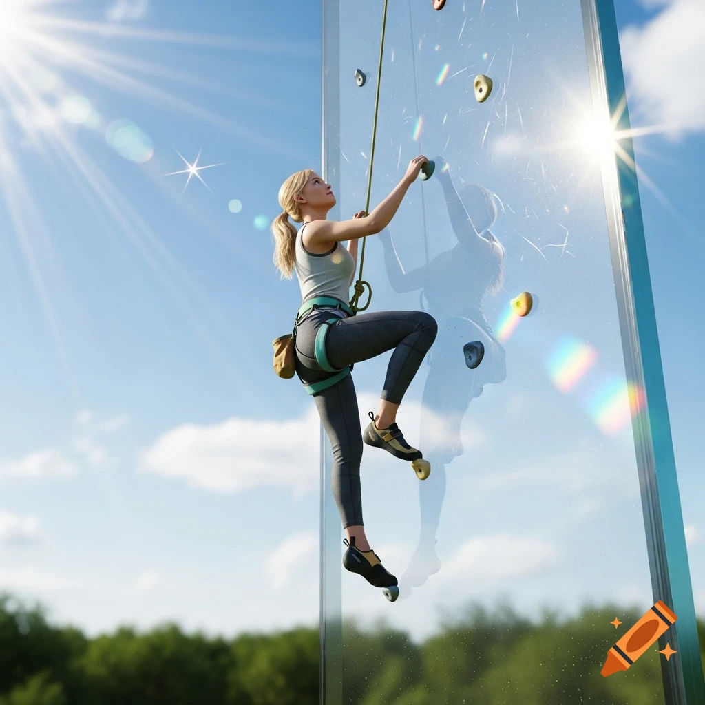 A blonde woman in athletic gear rock climbs a transparent glass wall against a bright blue sky with sun glare.