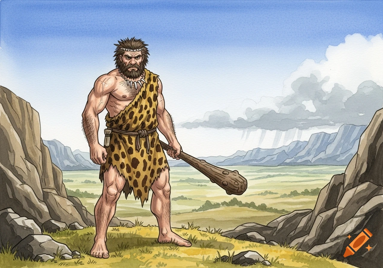 A watercolor illustration of a muscular caveman with a beard, wearing a leopard-print loincloth, holding a club, and standing in a rocky, grassy landscape.