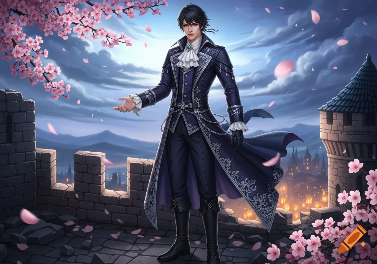 A handsome man in an ornate dark blue long coat stands on a castle wall with cherry blossoms, overlooking a glowing town in an anime fantasy style.