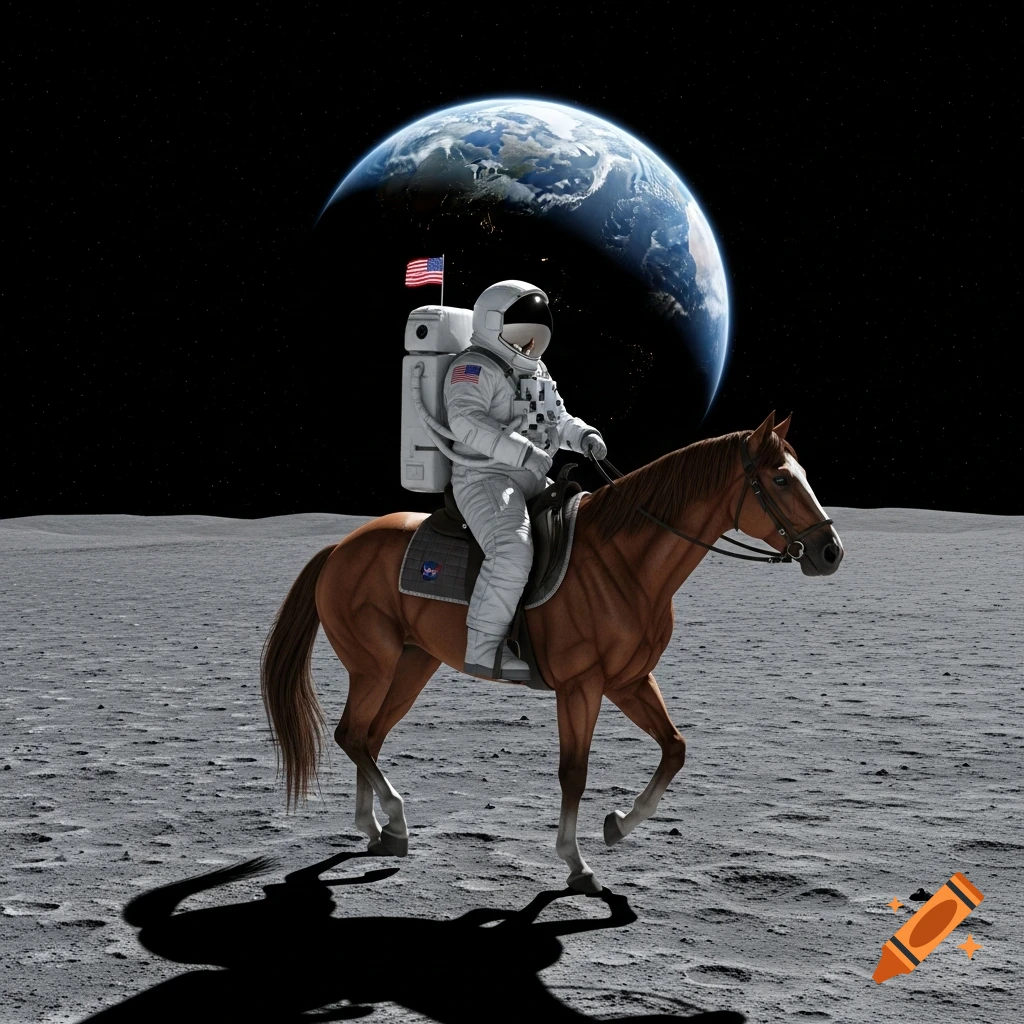 Photorealistic astronaut riding a brown horse on the moon's surface under Earth's gaze.