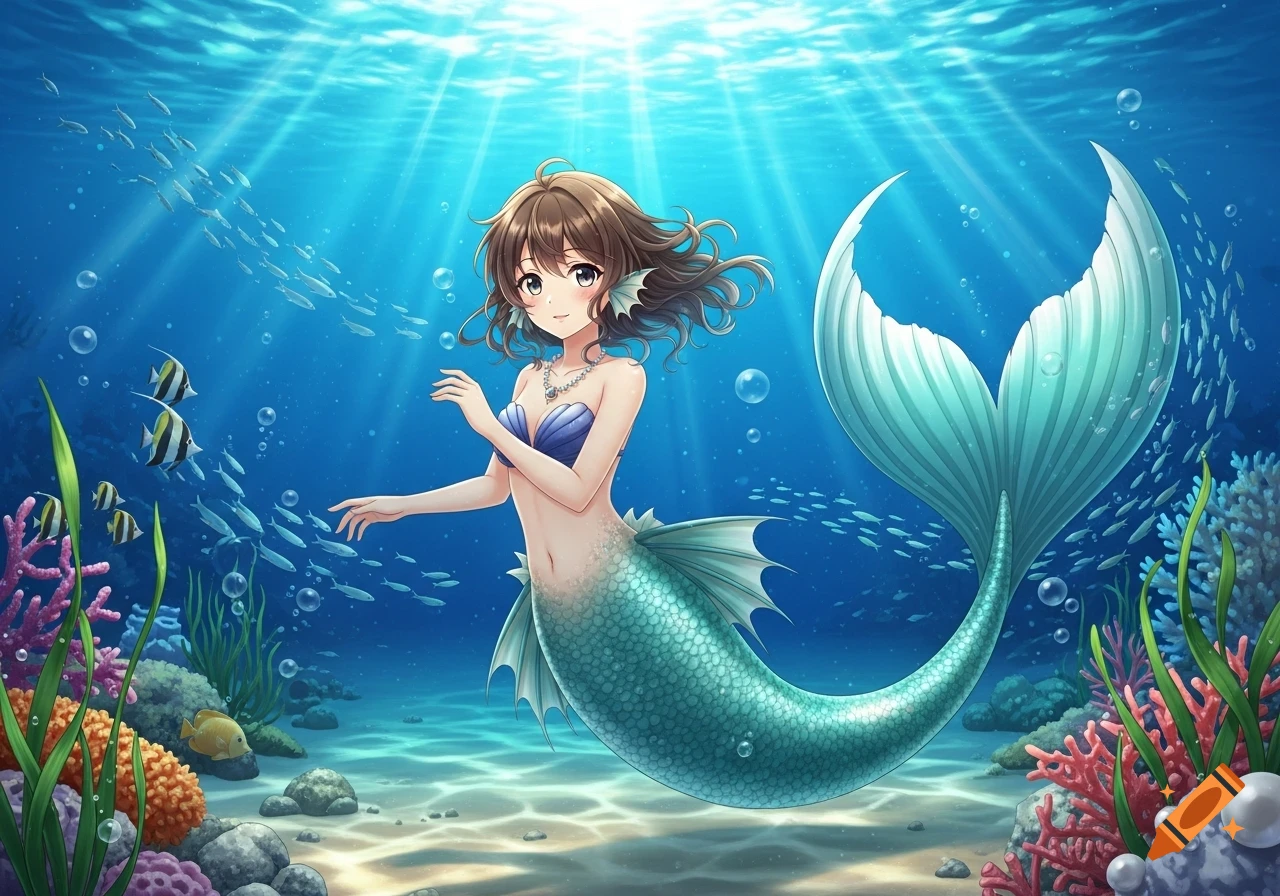 An anime mermaid with brown wavy hair swims gracefully in a vibrant blue ocean, surrounded by colorful coral and fish.