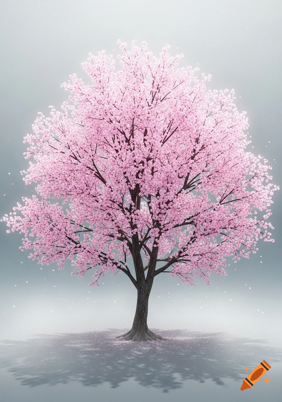 A vibrant pink cherry blossom tree stands centered against a grey background, with petals gently falling and reflecting.