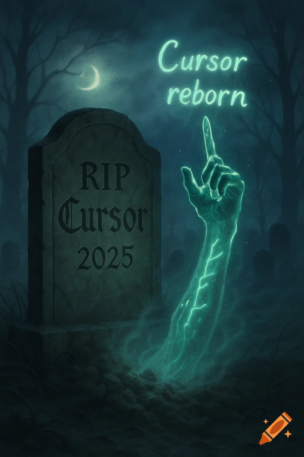 A spooky night graveyard scene with a crescent moon. A glowing, ghostly arm rises from a tombstone reading 'RIP Cursor 2025'. Floating above, luminous text says 'Cursor reborn'.