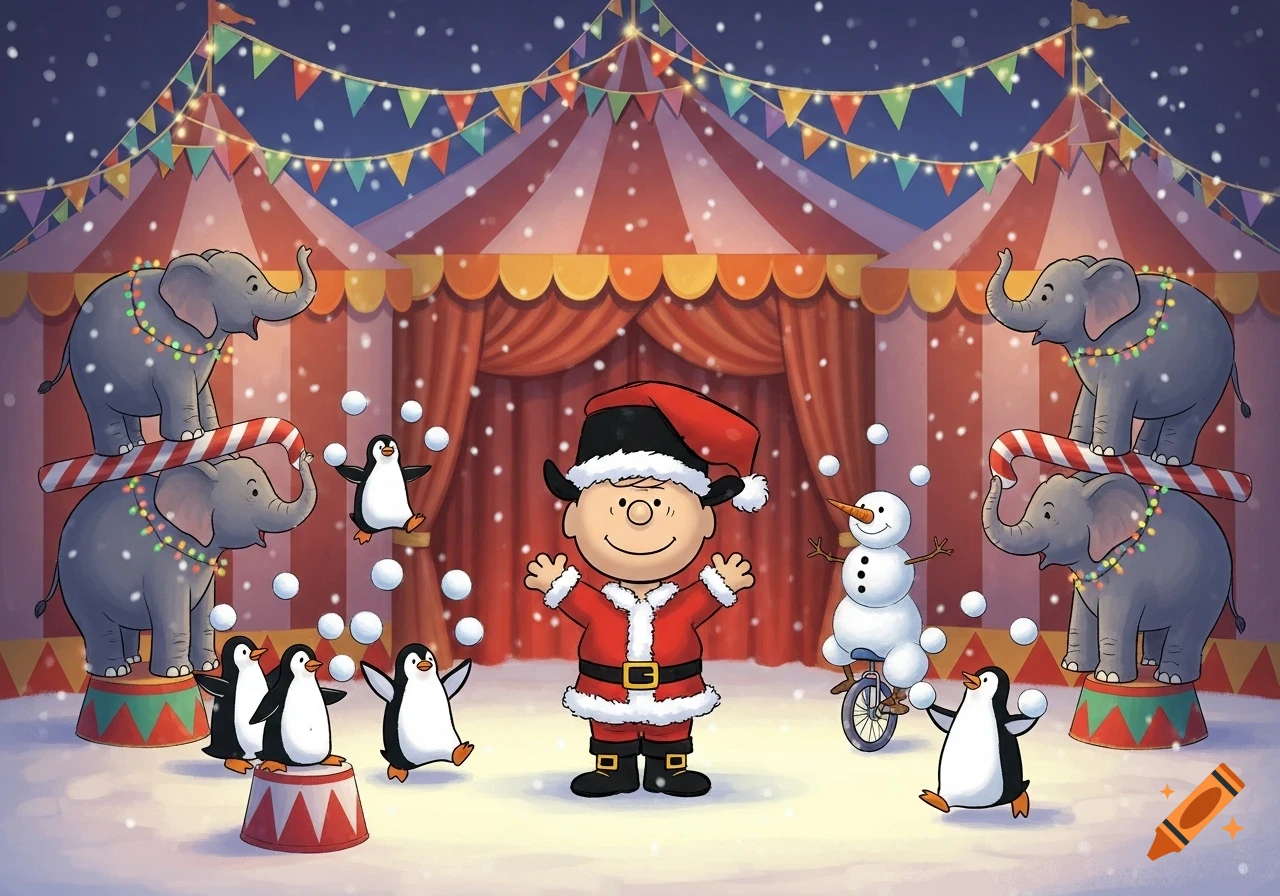 Charlie Brown as Santa stands in a snowy Christmas circus with balancing elephants, juggling penguins, and a snowman on a unicycle.