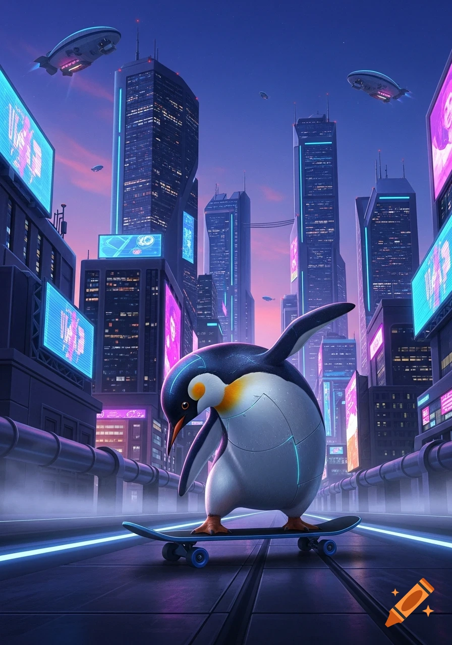 A cartoonish penguin skateboards down a futuristic, neon-lit city street with tall buildings and flying vehicles.