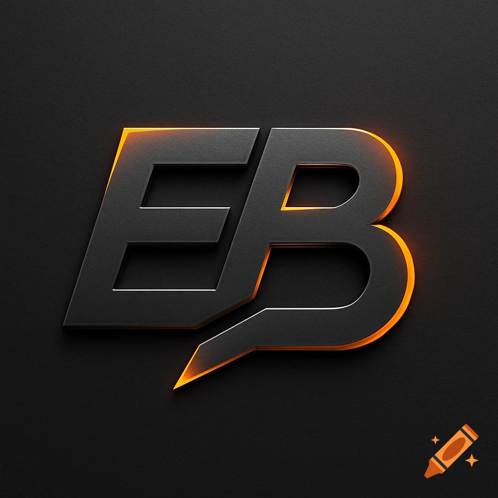 Dark gray metallic monogram logo of letters "EB" with a vibrant orange glowing outline on a dark textured background.