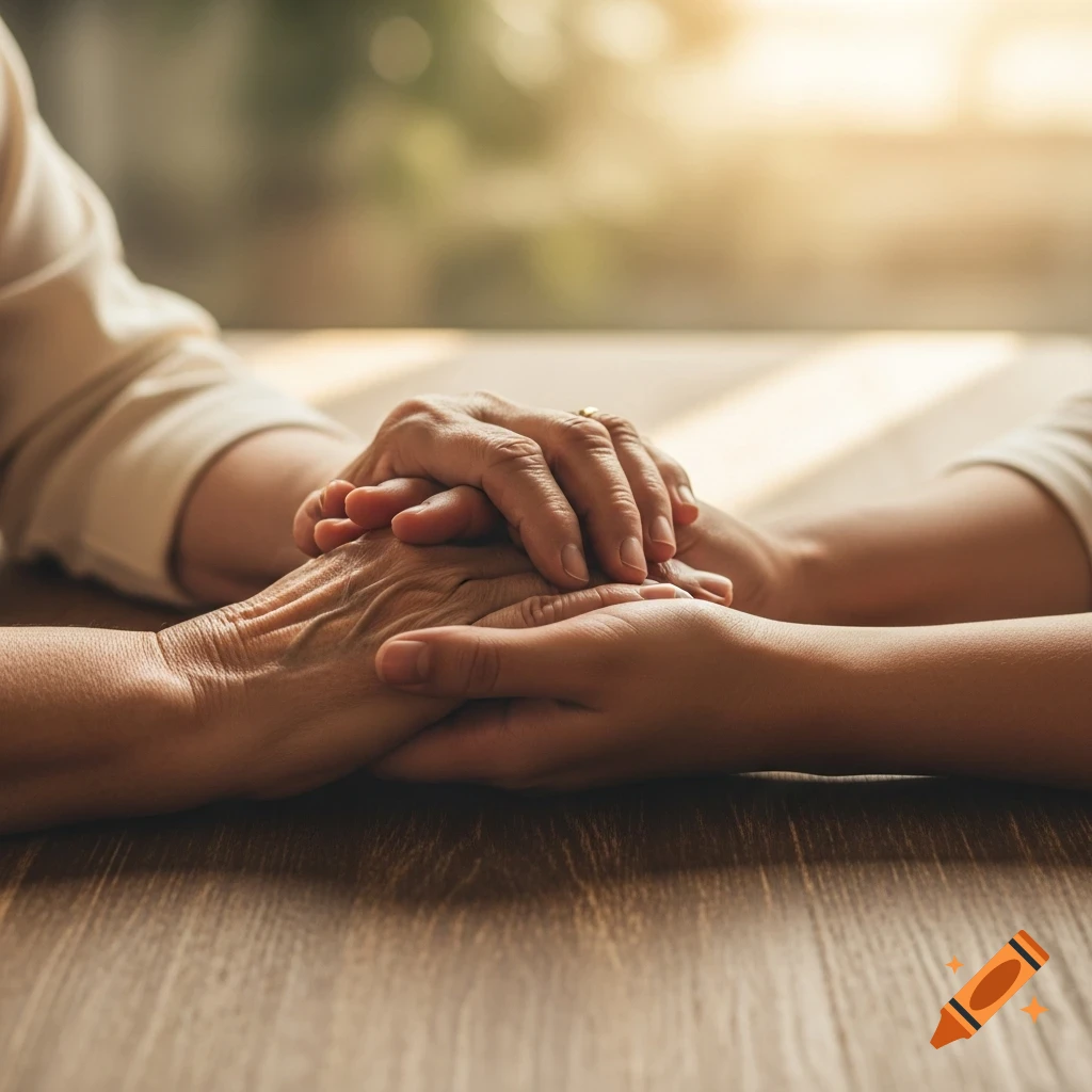 Two sets of hands, one older and wrinkled, one younger, are clasped together on a wooden table, conveying comfort and support.