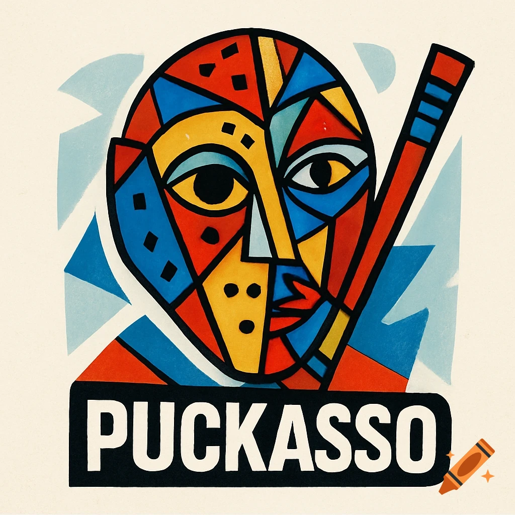Cubist logo featuring a colorful hockey mask and stick with the word PUCKASSO below it.