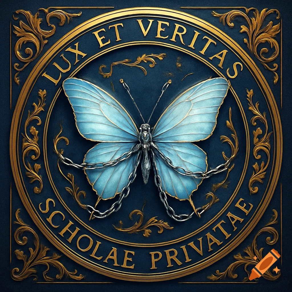 Ornate gold and blue circular insignia featuring a light blue butterfly with silver chains, and the Latin phrase 'LUX ET VERITAS SCHOLAE PRIVATAE'.