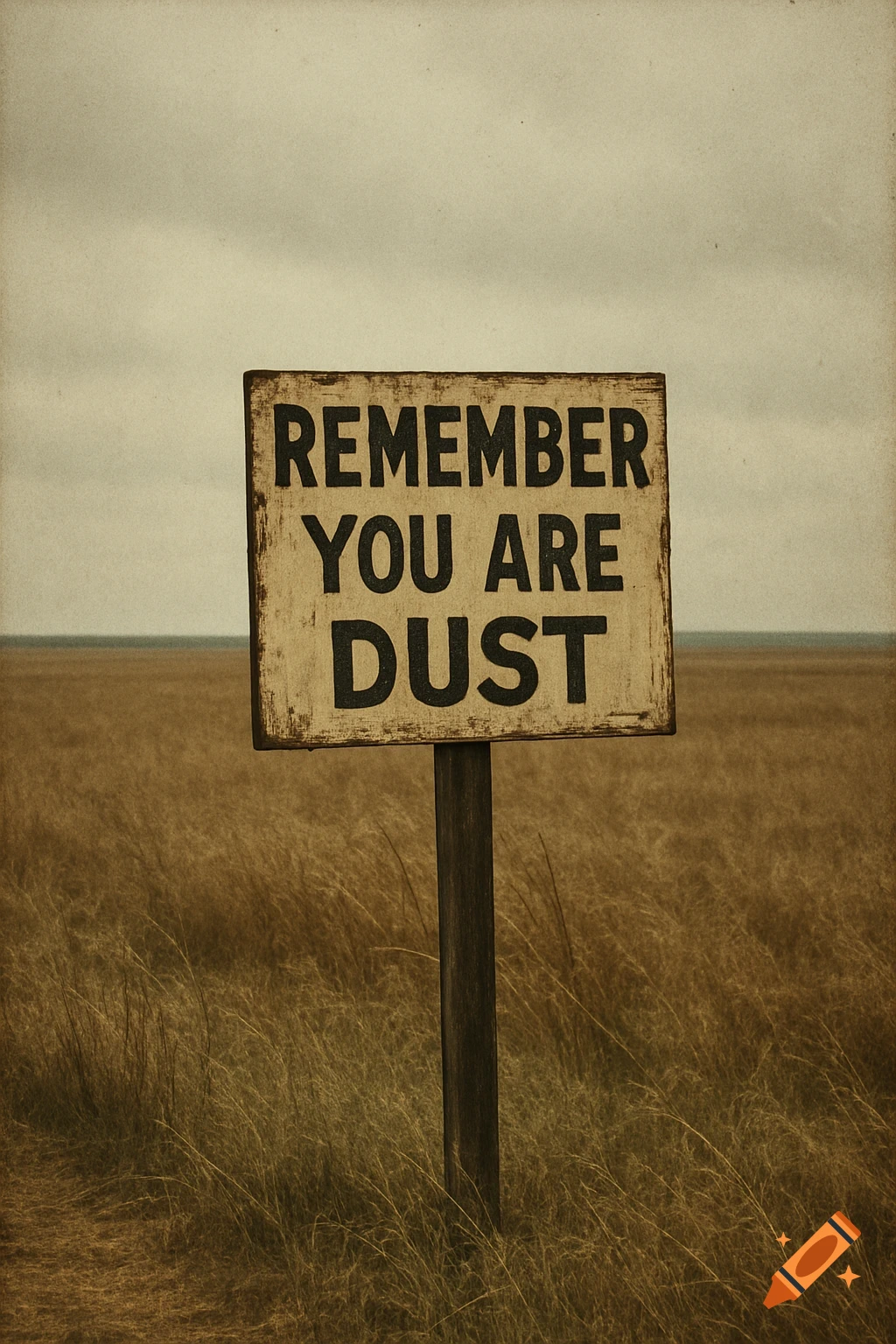 A vintage photograph of a weathered wooden sign in a dry field under an overcast sky, reading 'REMEMBER YOU ARE DUST'.