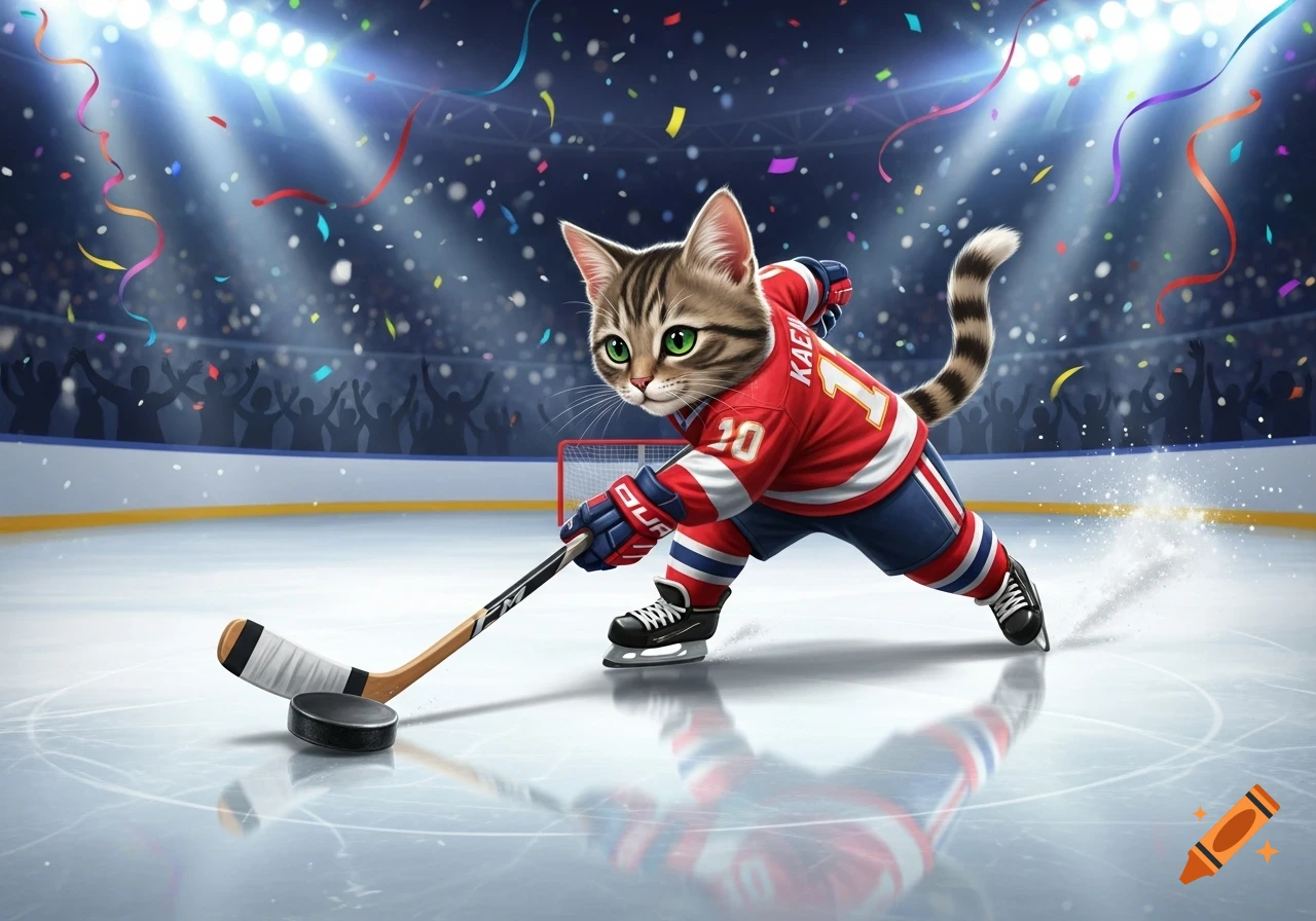 A cartoon tabby cat in a red hockey jersey and skates hits a puck on an ice rink in a brightly lit stadium.