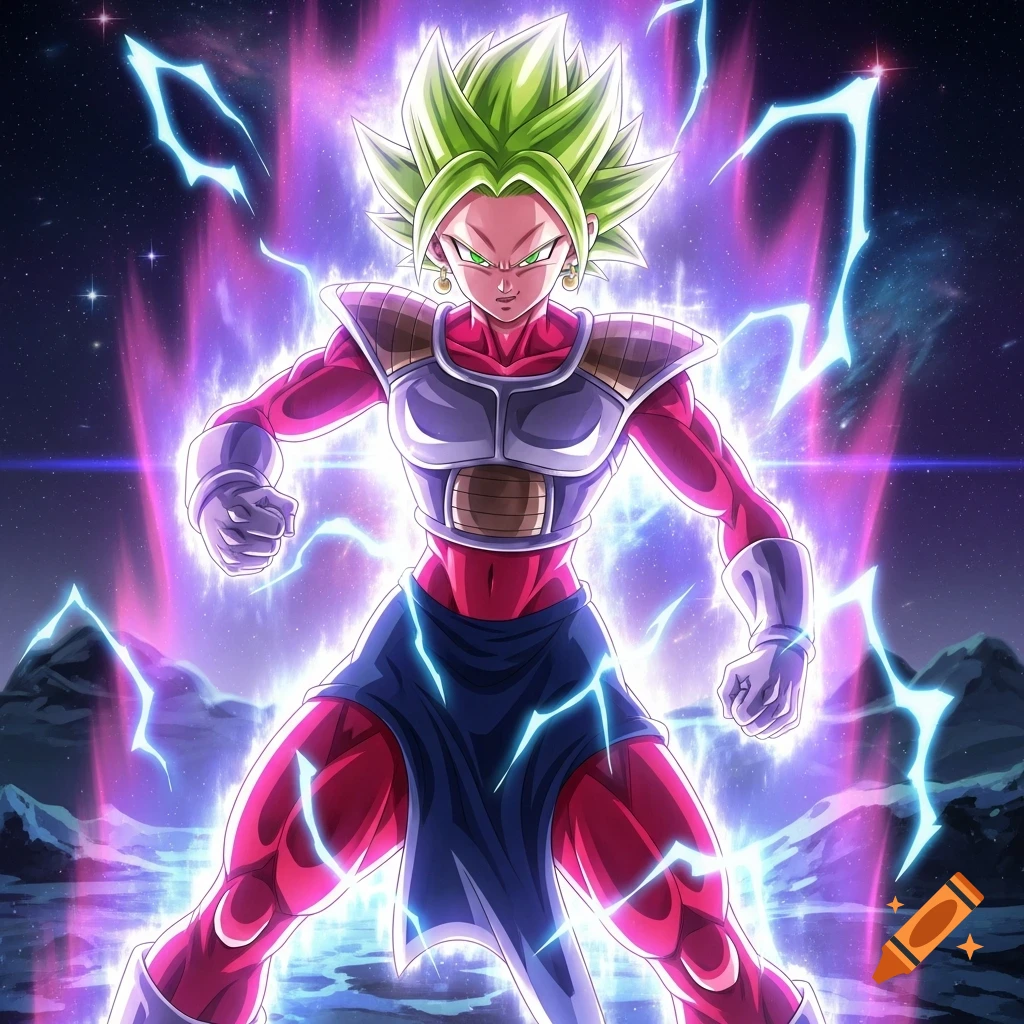 Anime character Kefla with spiky green hair and purple battle armor, engulfed in a powerful purple and blue electric aura under a starry sky.