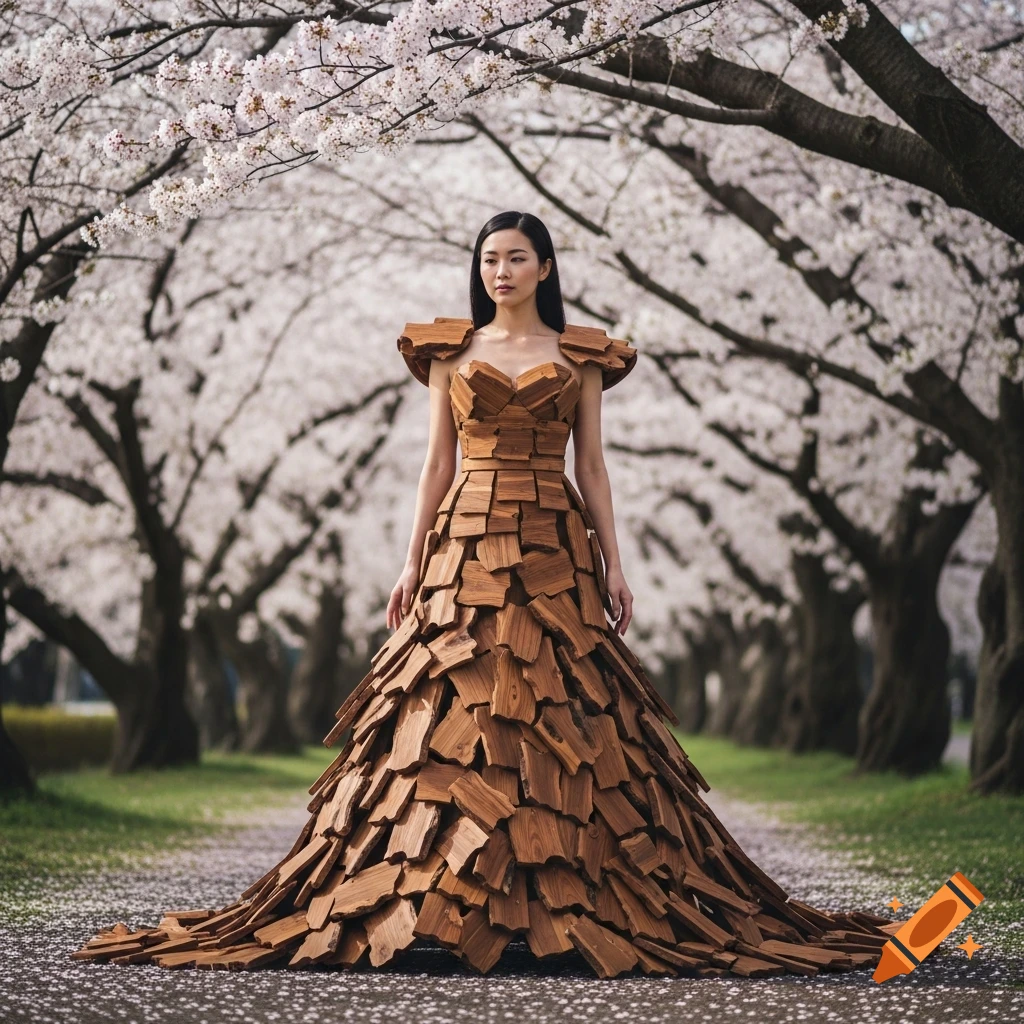 A Japanese woman in a unique dress made of wooden planks stands under a blooming cherry blossom arch. Photorealistic style.