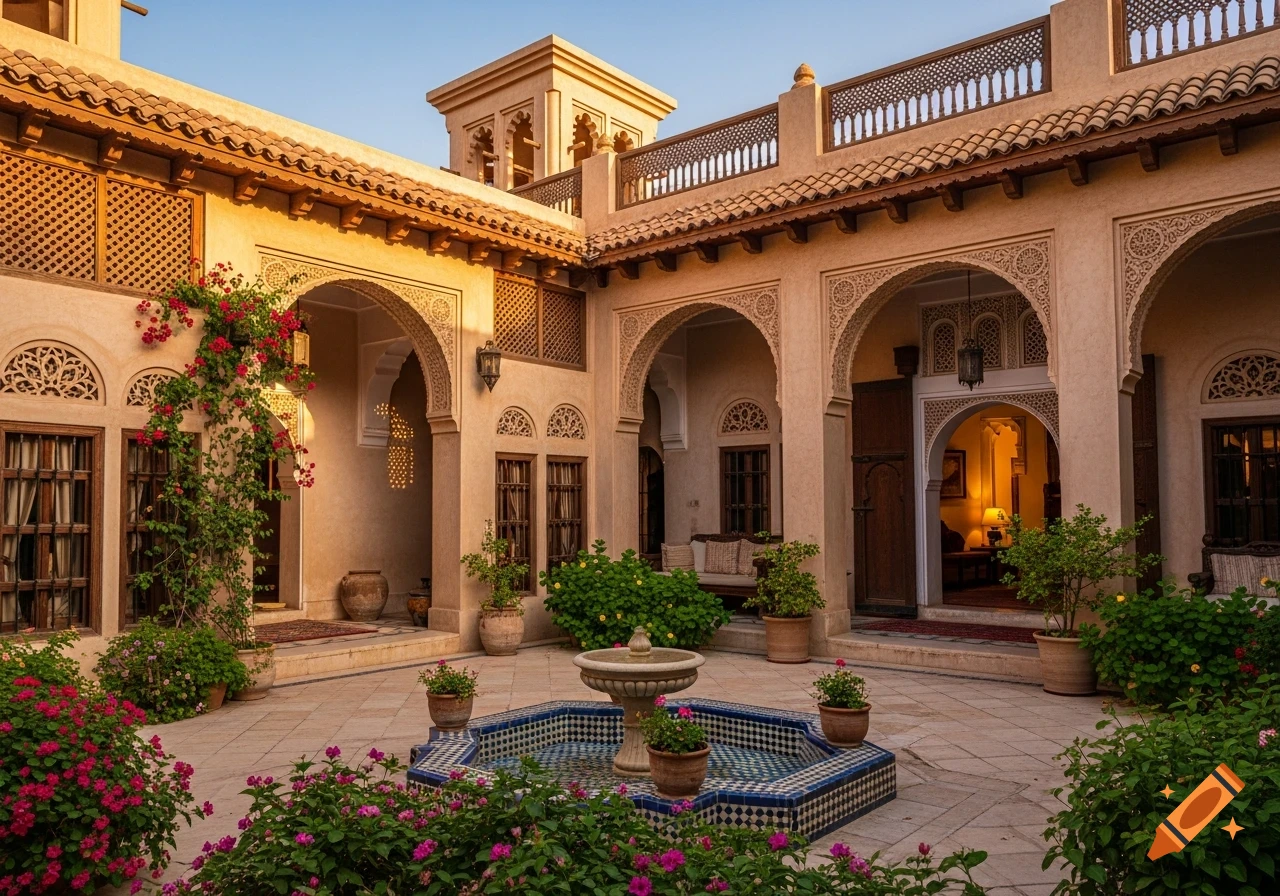 An ornate Moroccan-style courtyard with intricate arches, a tiled fountain, and vibrant pink flowers under a clear sky.